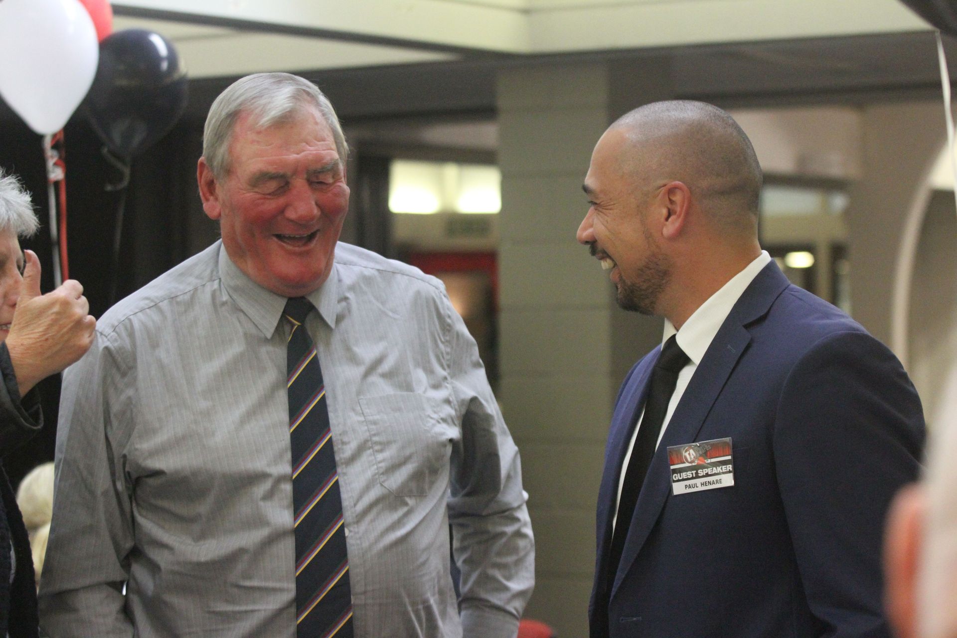 The Wairarapa Times-Age Sports Awards 2016 at the Copthorne Hotel and Resort Solway Park, Masterton. Guest speaker Paul Henare (right), has a laugh with Sir Brian Lochore. Photo / File.