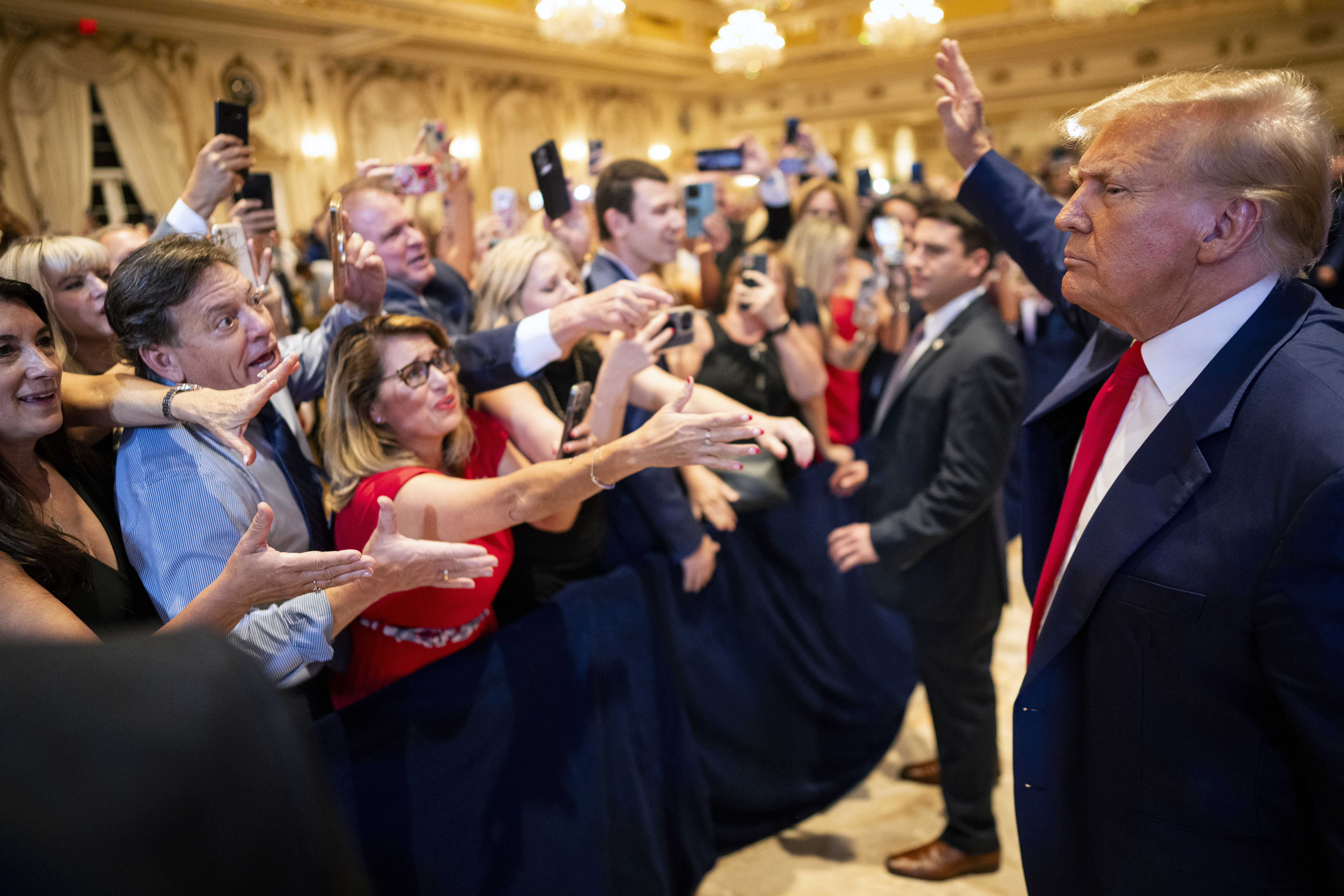 Donald Trump greets supporters during a fundraiser at Mar-a-Lago, his residence and private club, on October 26, 2023. Photo / Doug Mills, The New York Times