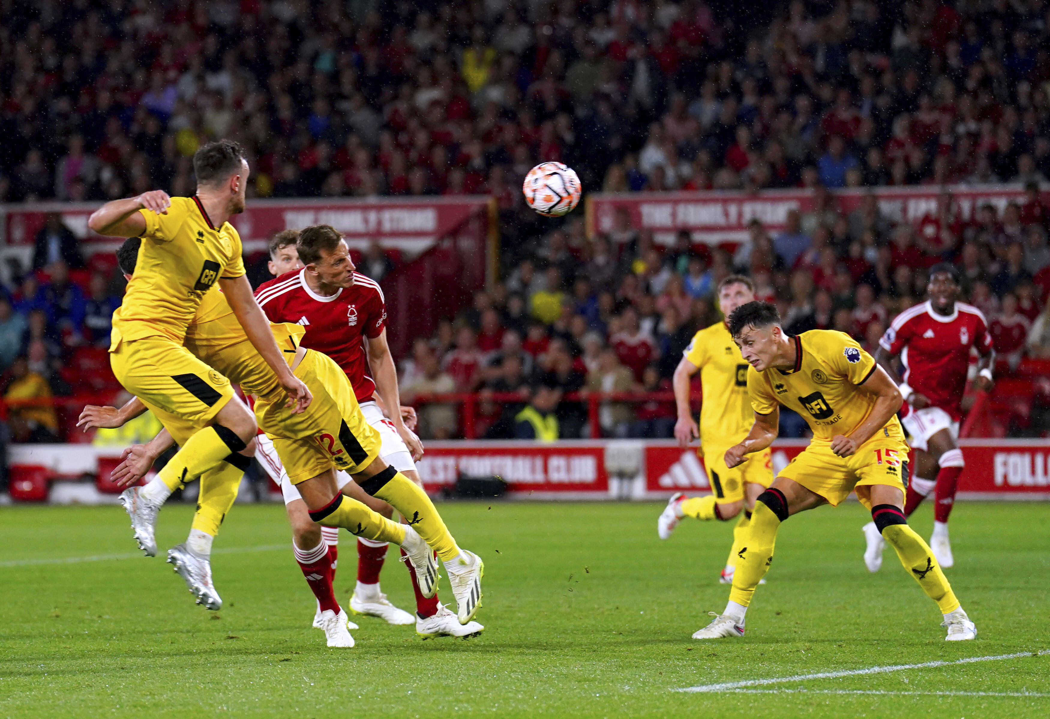 Nottingham Forest's Chris Wood scores the winner against Sheffield United, at the City Ground. Photo / AP