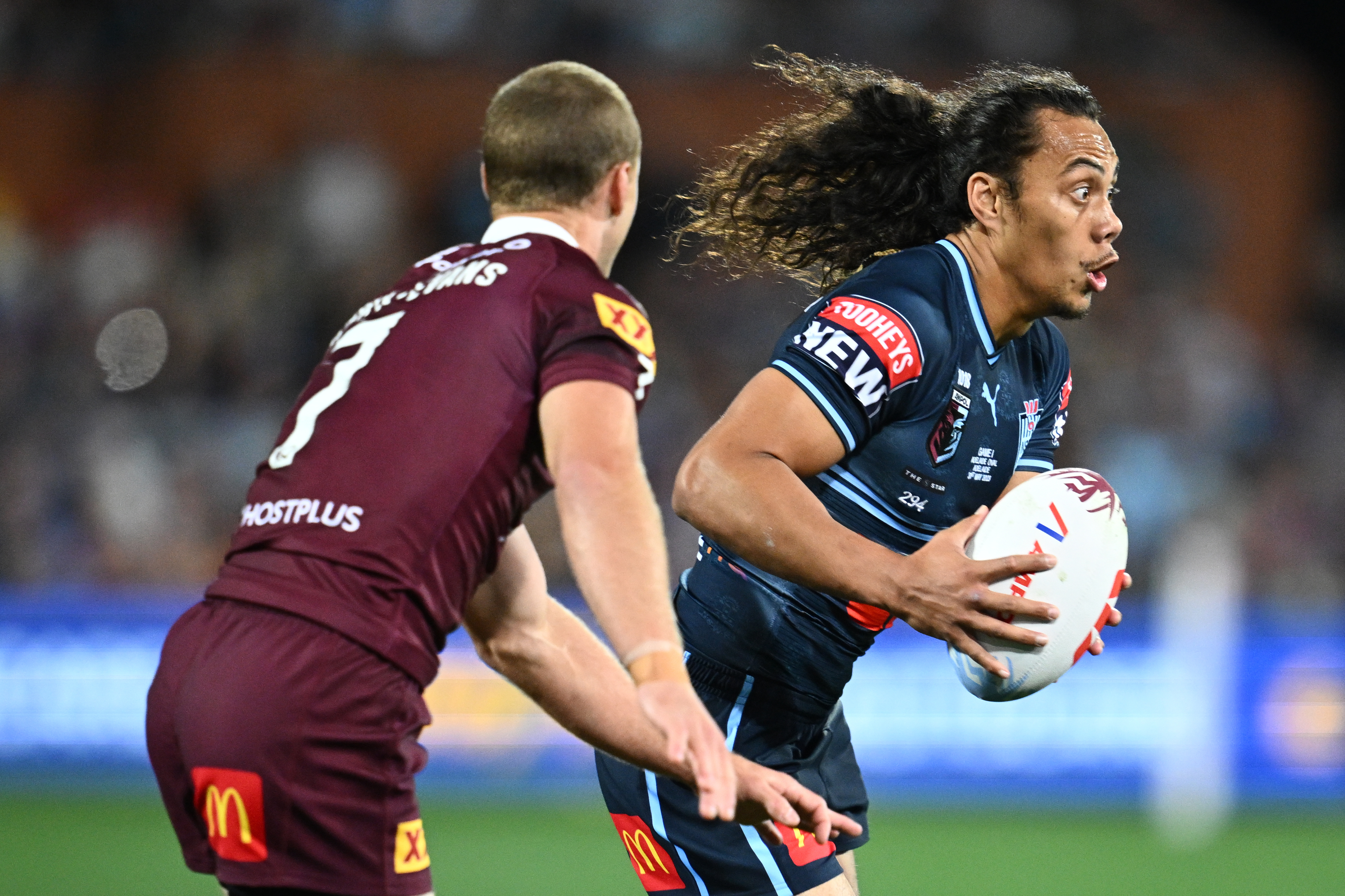Blues playmaker Jarome Luai (right) and Maroons opposite Daly Cherry-Evans in action. Photo / Photosport