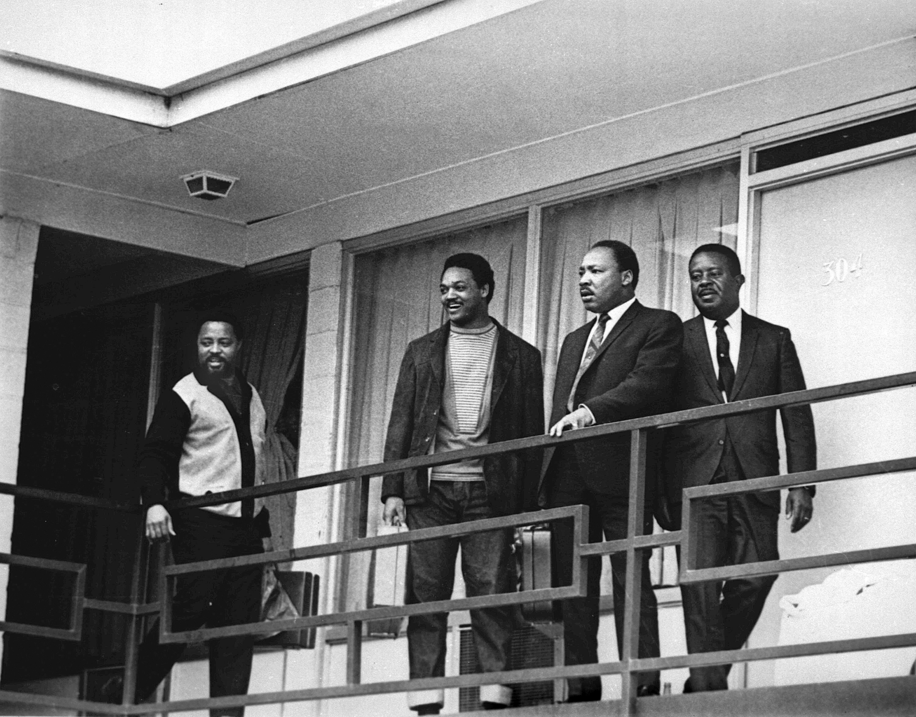 The day before he was assassinated the Rev. Martin Luther King Jr. stands with other civil rights leaders on the balcony of the Lorraine Motel in Memphis, Tennessee. Picture / file