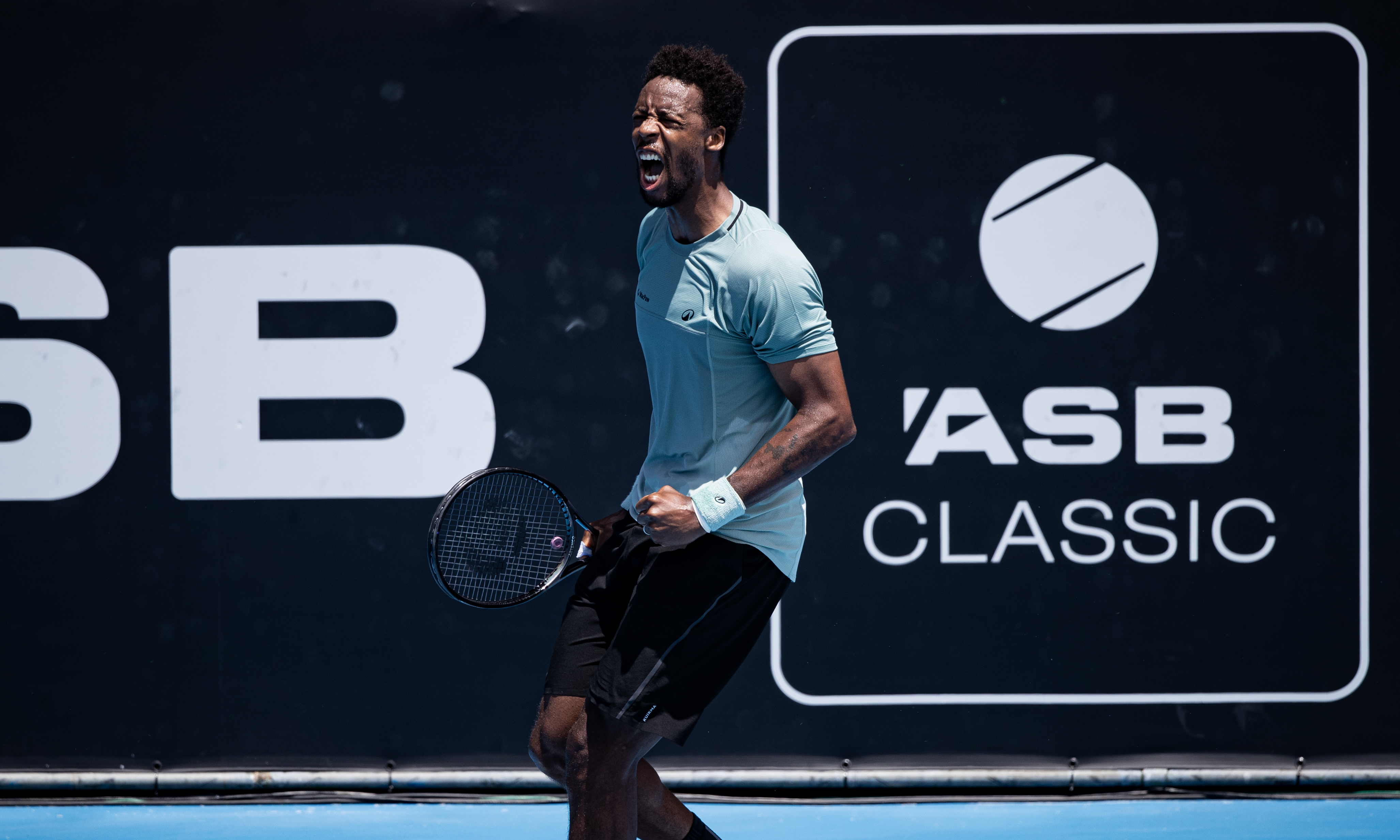 Gael Monfils celebrates winning his ASB Classic semifinal. Photo / Dean Purcell