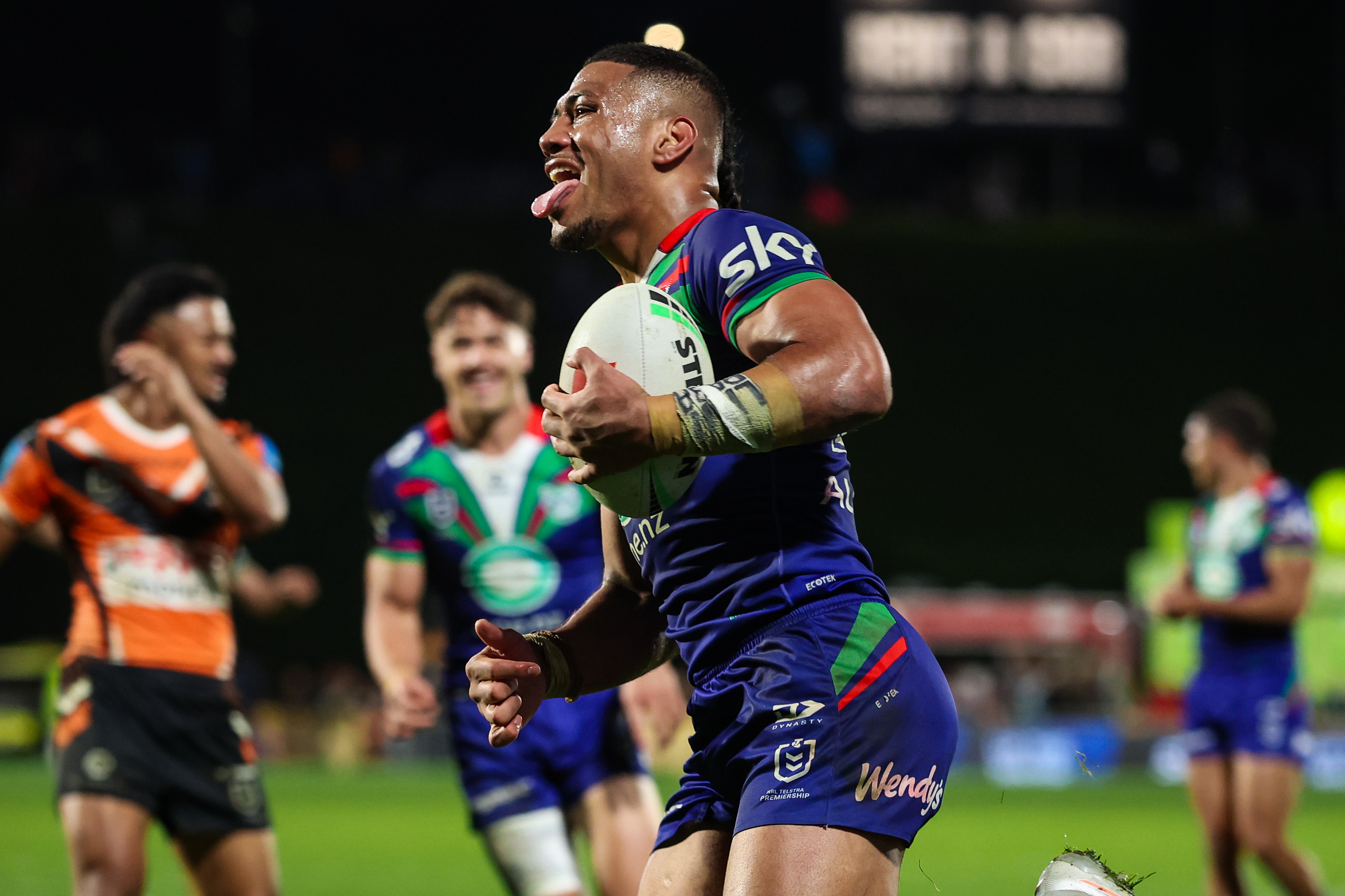 Leka Halasima celebrates scoring against the Wests Tigers. Photo / Photosport