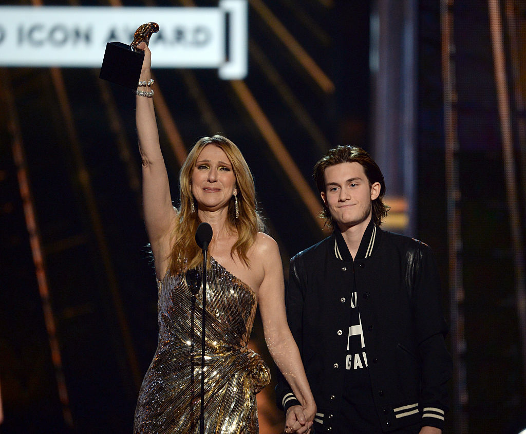 Celine Dion accepts the Billboard Icon-Award from son René-Charles Angelil onstage during the 2016 Billboard Music Awards in Las Vegas. Photo / Getty Images