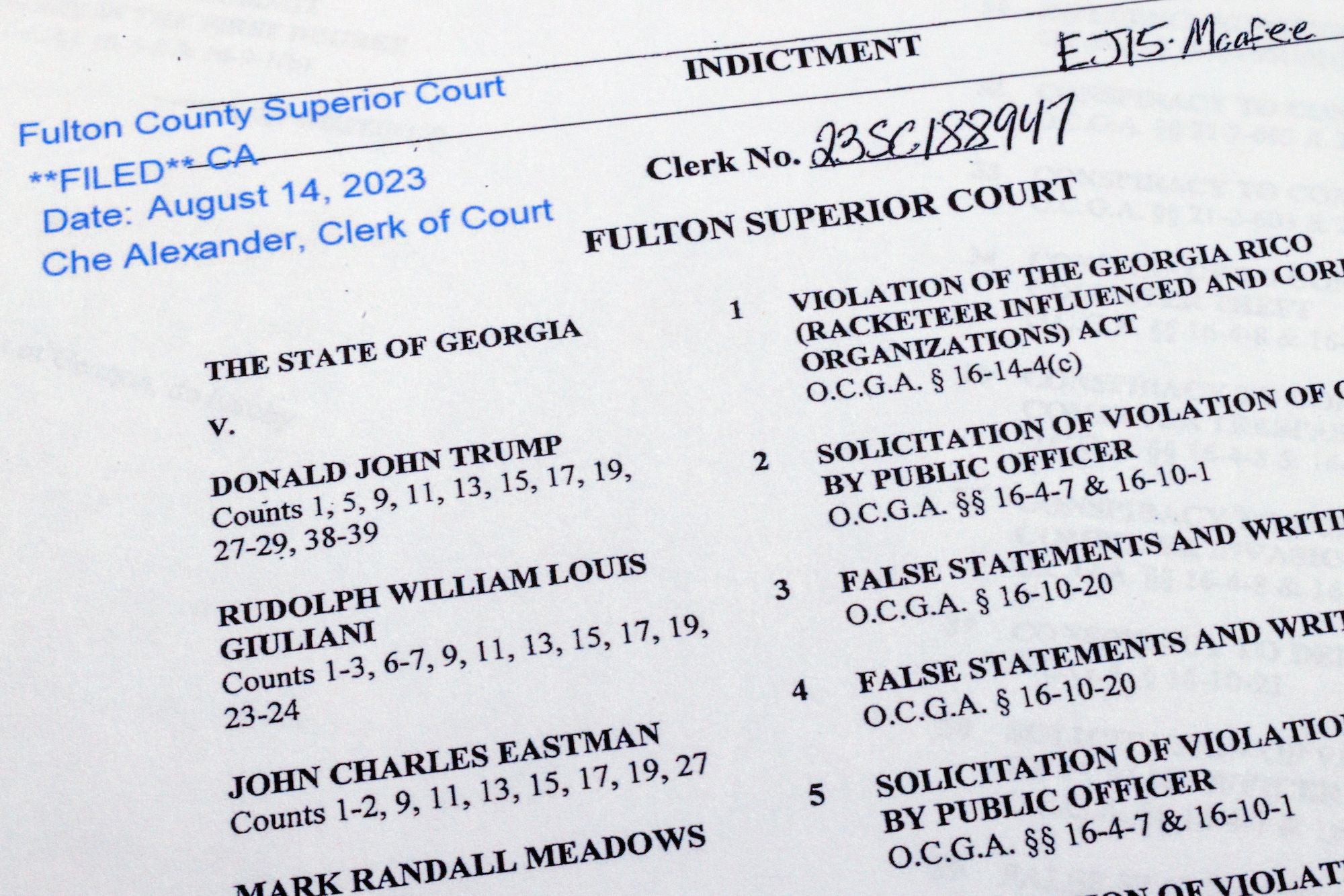 The indictment in Georgia against former President Donald Trump. Photo / AP