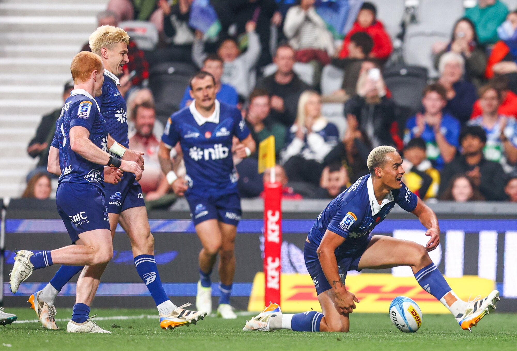 Blues fullback Zarn Sullivan scores against the Crusaders. Photo / SmartFrame