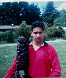 Tama Potaka in 1993, when he was co-head prefect at Te Aute College and member of the first XV. He is holding the Te Whetumaramatanga Trophy, which Te Aute College and Tipene (St Stephen's School) play for. 