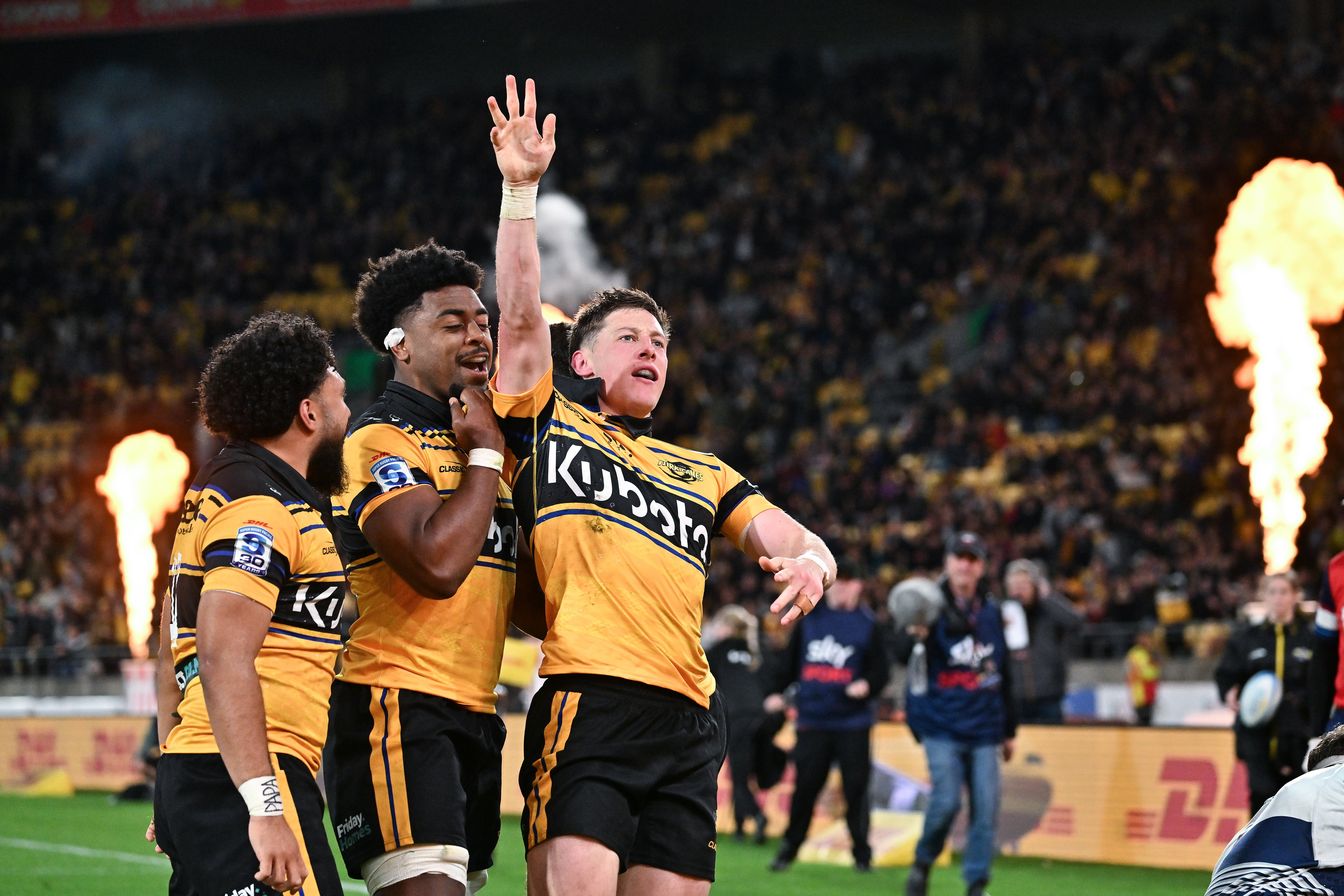 Cam Roigard of the Hurricanes celebrates a try during the Super Rugby Pacific semi-final against the Blues. Photo / Photosport