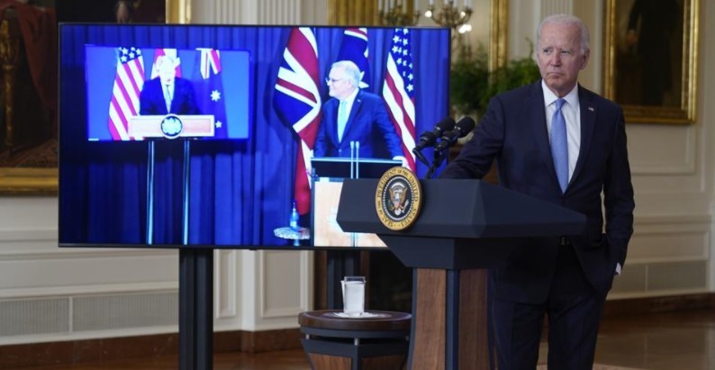 Announcing the Aukus deal, United States President Joe Biden was joined virtually by Australian Prime Minister Scott Morrison, right on screen, and British Prime Minister Boris Johnson. Photo / AP
