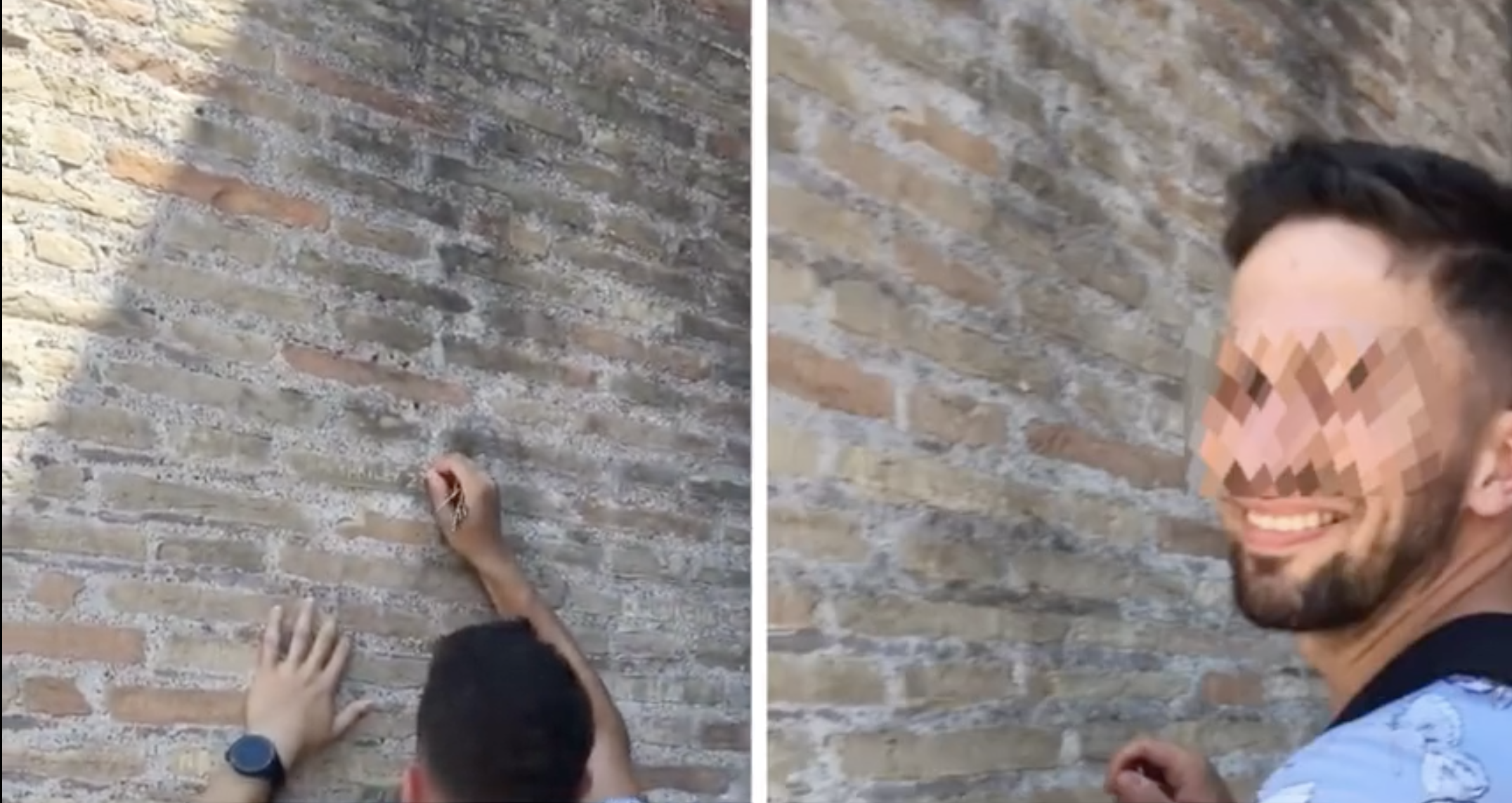 The man was filmed carving his partner's name into the side of the Colosseum in Rome, Italy. Photo / Twitter, @g_sangiuliano