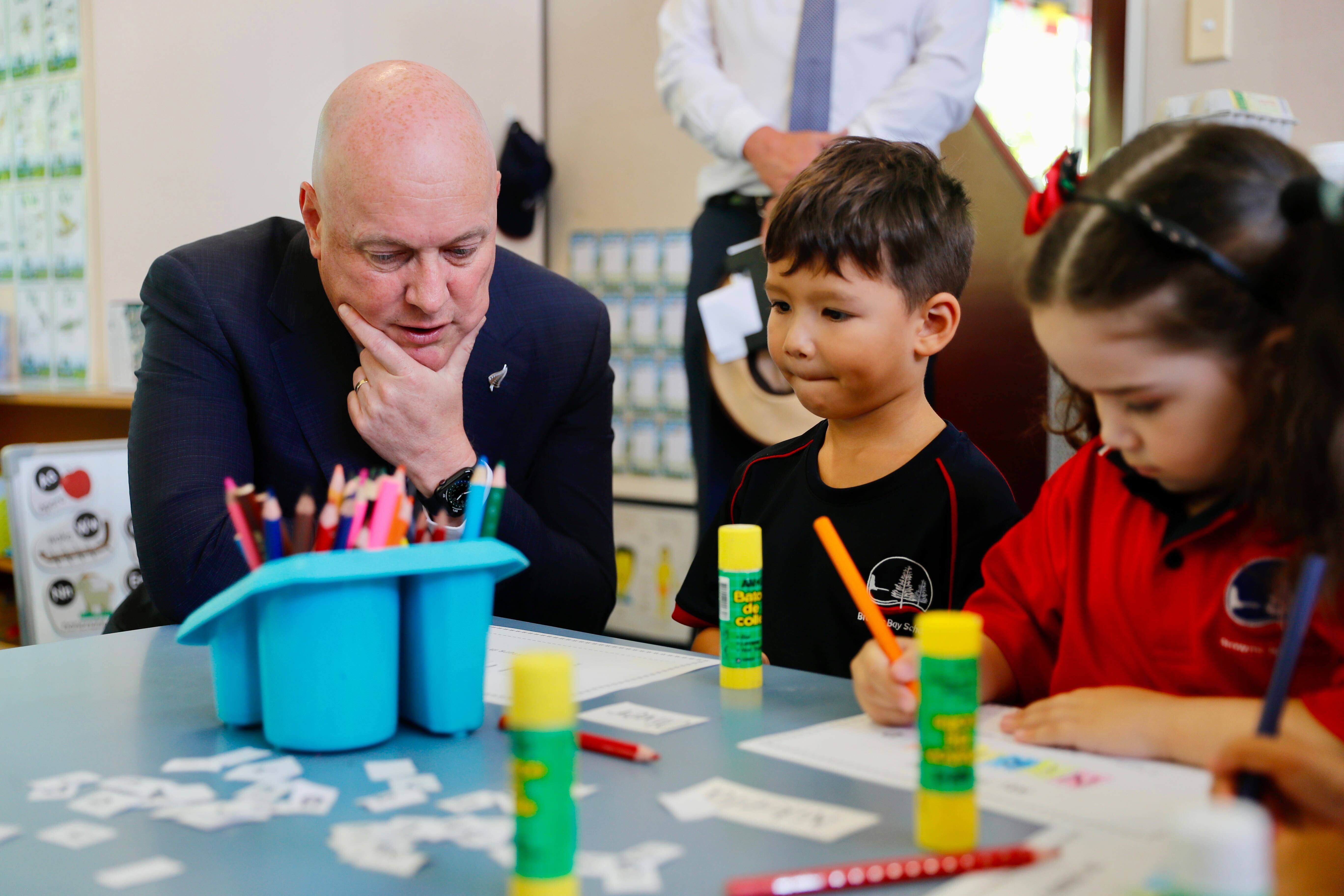 Prime Minister Christopher Luxon visits Browns Bay School. Photo / Dean Purcell