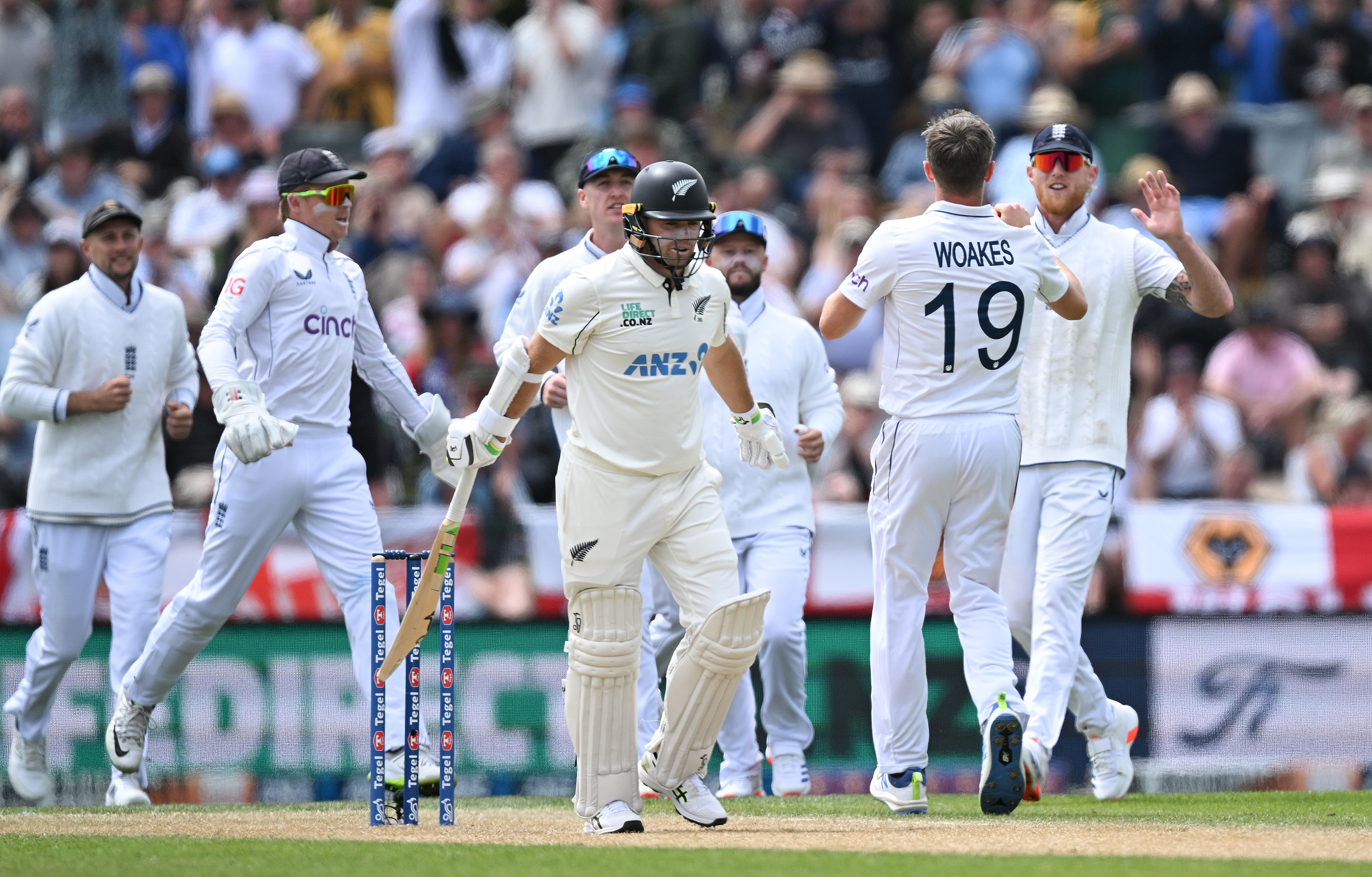Tom Latham heads back to the dressing room after being dismissed by Chris Woakes. Photo / Photosport