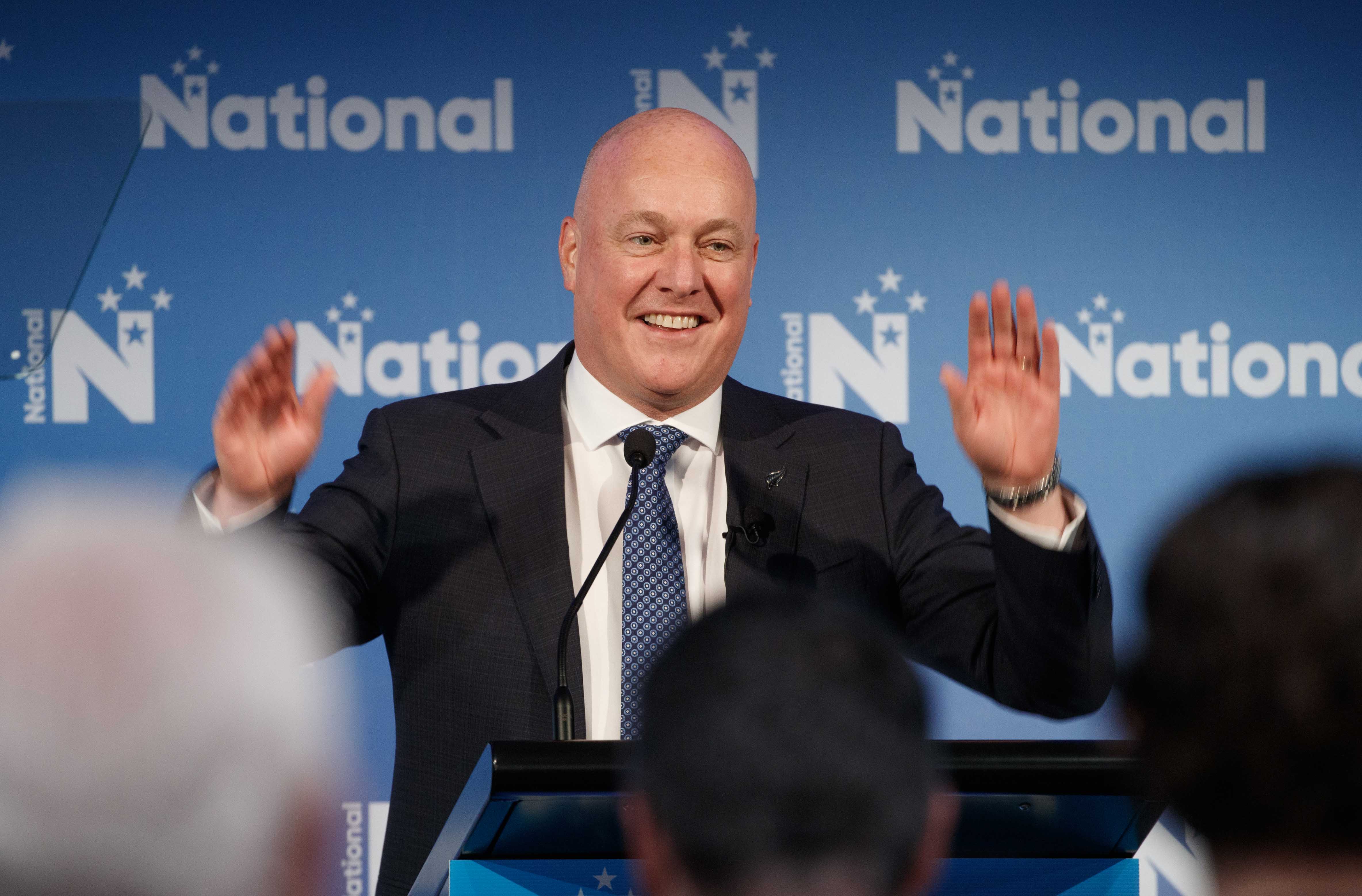 Prime Minister Chrstopher Luxon receiving a standing ovation during the National Party’s regional conference in Palmerston North on May 19. Photo / Mark Mitchell