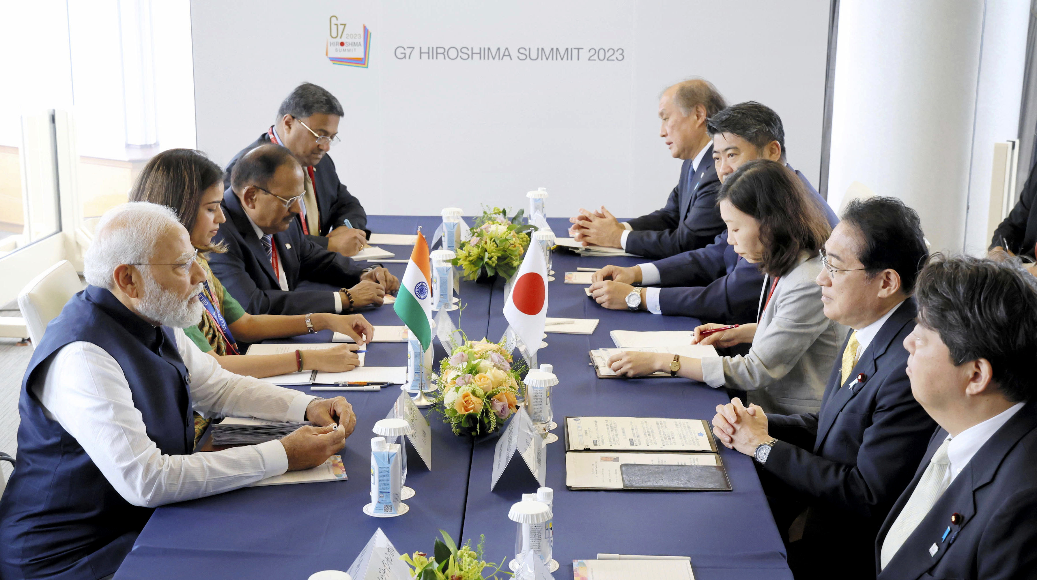 Indian Prime Minister Narendra Modi (front left) sits opposite Japan's Prime Minister Fumio Kishida at their bilateral meeting. Photo / AP