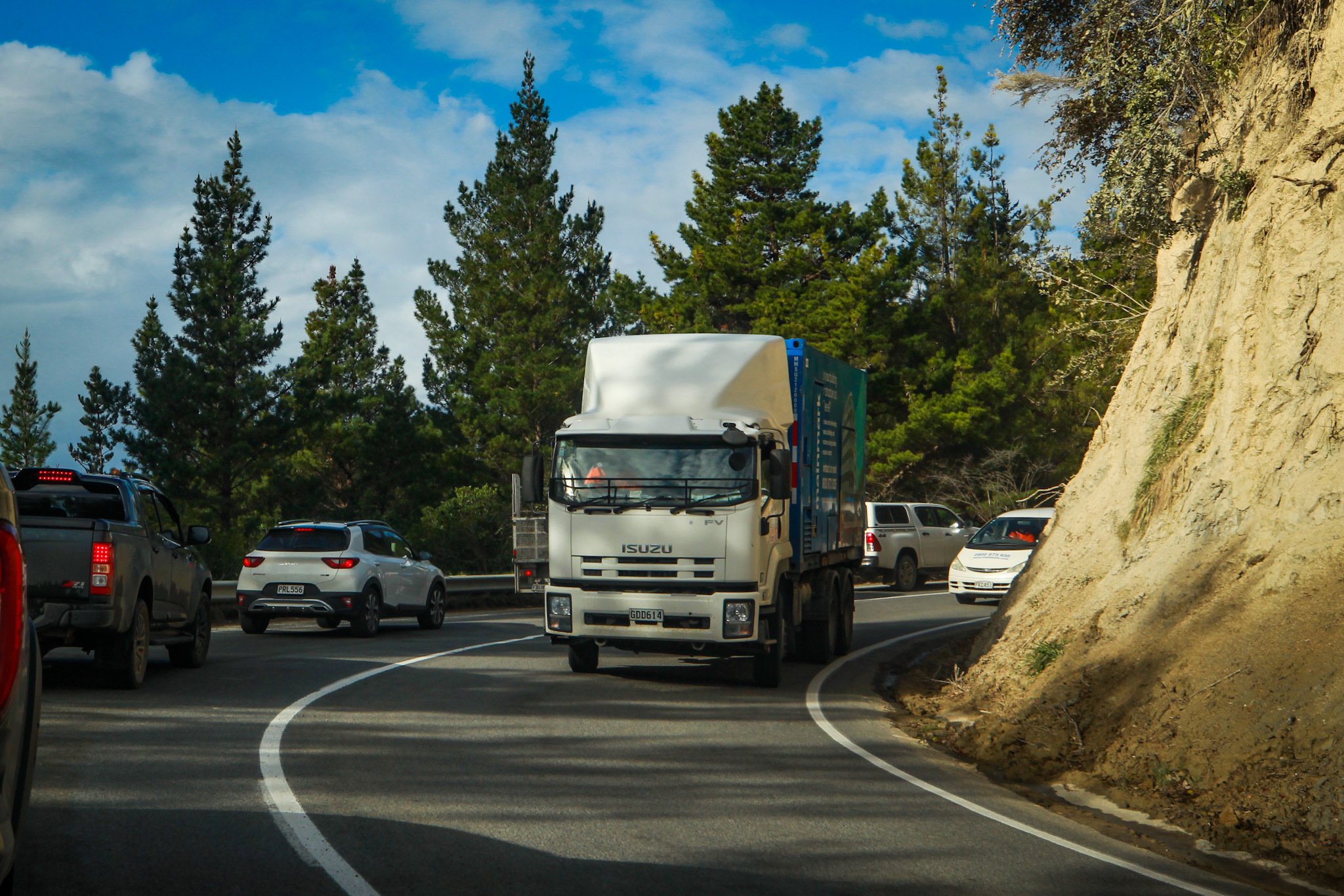 A rare spot of traffic on the Napier-Wairoa Rd on Monday. Photo / Paul Taylor