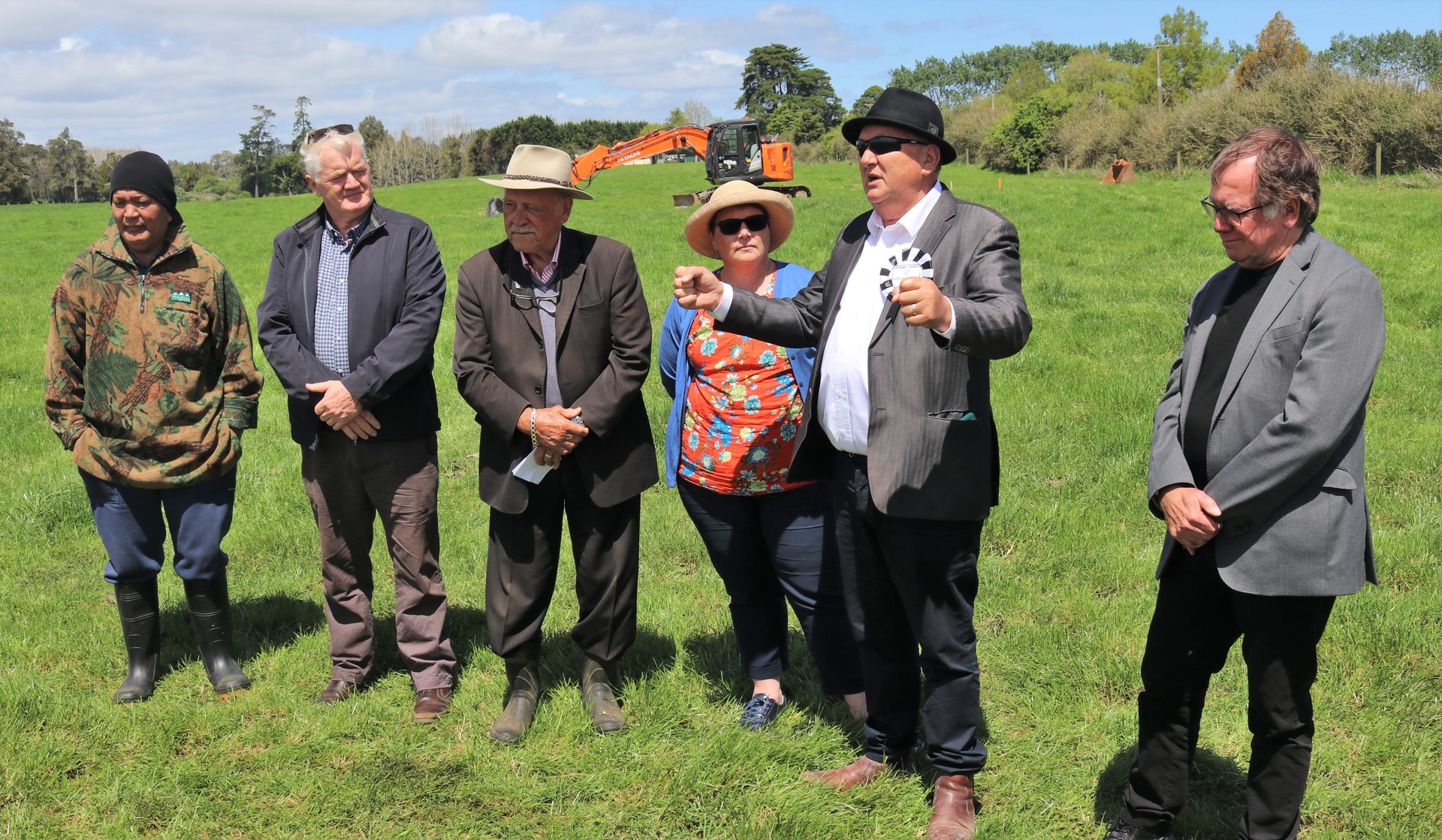 Regional Economic Development Minister Shane Jones launches the Matawii Dam project with Tai Tokerau Water trustees, from left, Collin Rameka, Ken Rintoul, Dover Samuels, Kathryn de Bruin and Murray McCully. Photo / Peter de Graaf