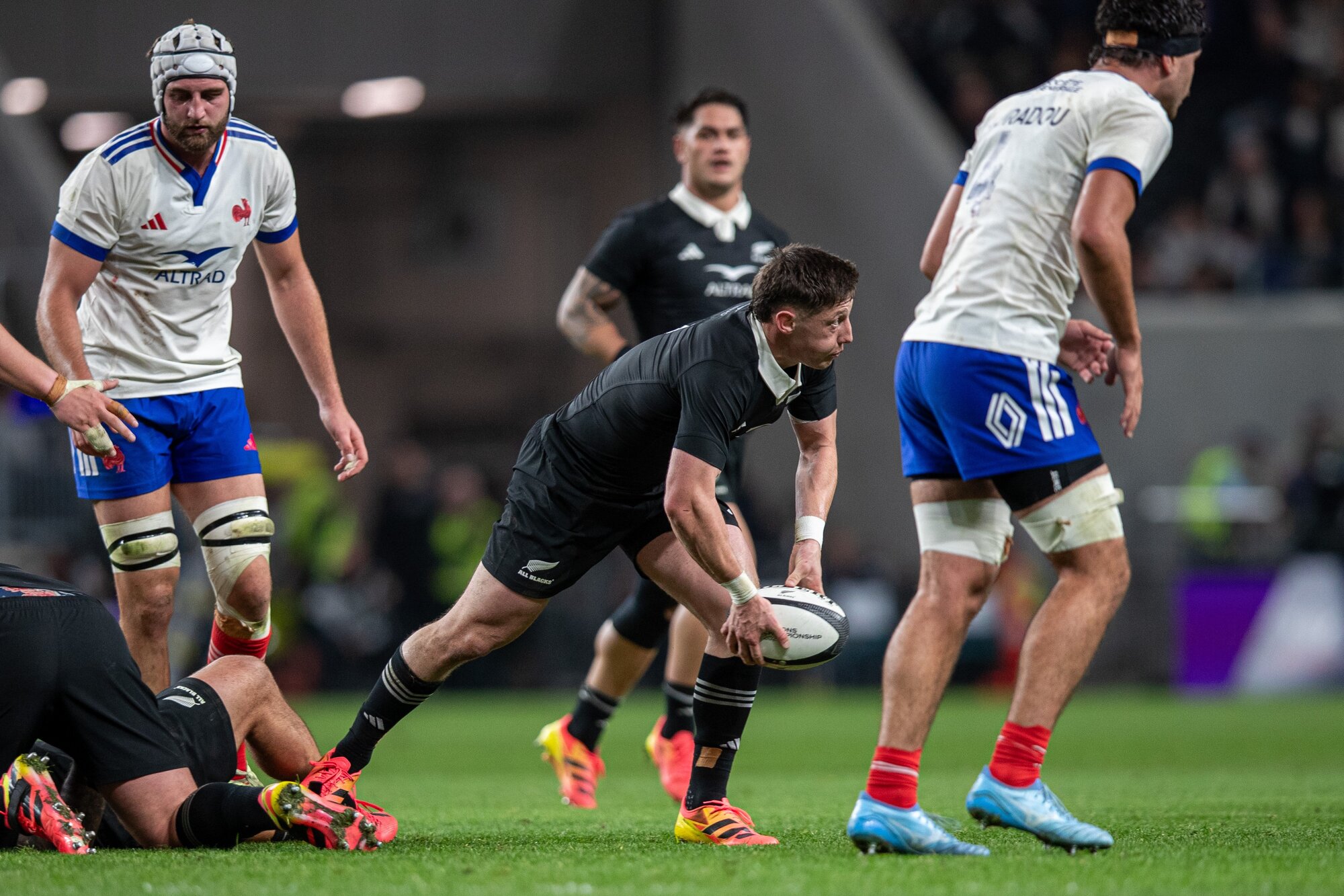 Cam Roigard scored two tries for the All Blacks in their win over France. Photo / Alyse Wright 
