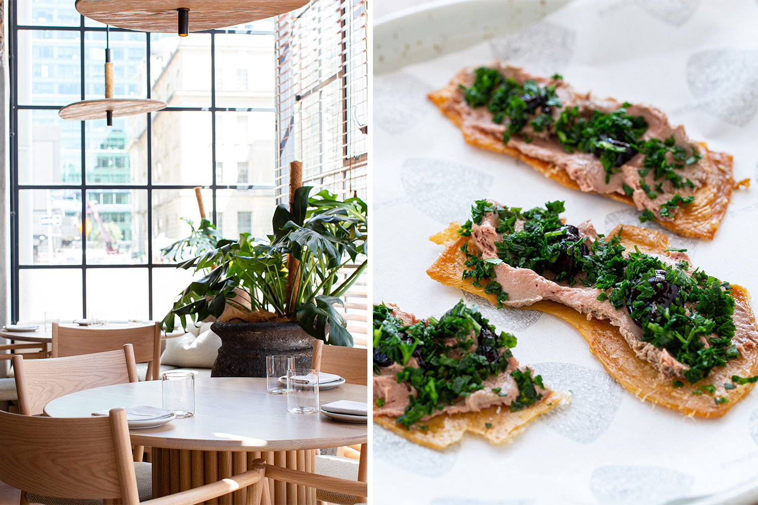 A palette of warm woods can be found throughout Mr Morris. The chicken skin parfait. Photos / Babiche Martens