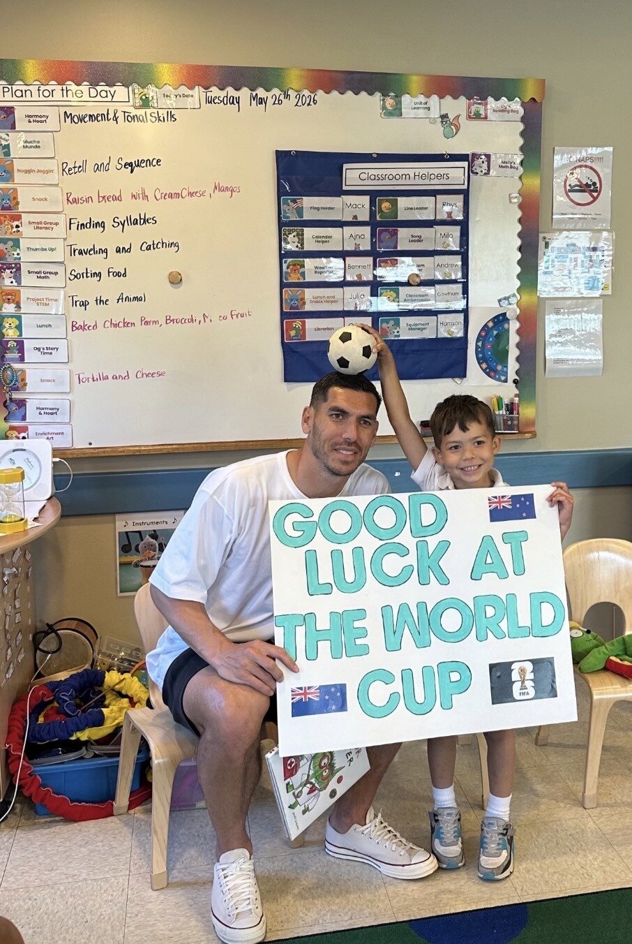 All White Michael Boxall is wished good luck at his son Beau’s school.  