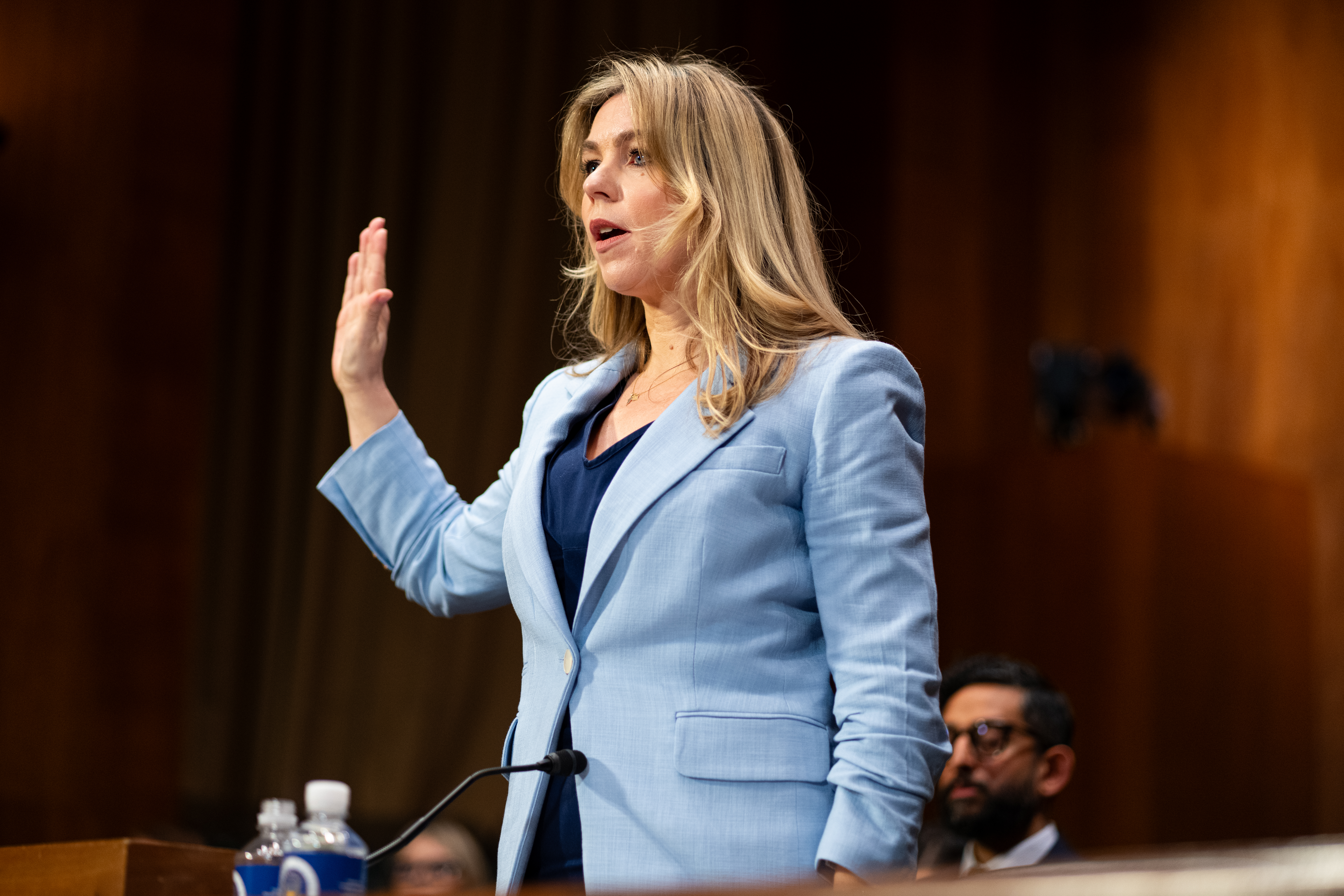 Sarah Wynn-Williams, former director of global public policy at Facebook, is sworn in during the Senate Judiciary Subcommittee on April 9. Photo / Getty Images