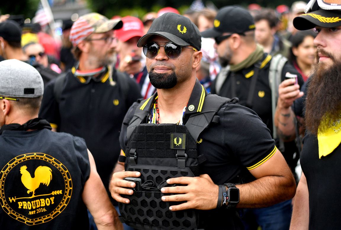 Proud Boys chairman Enrique Tarrio rallies in Portland. Photo / AP