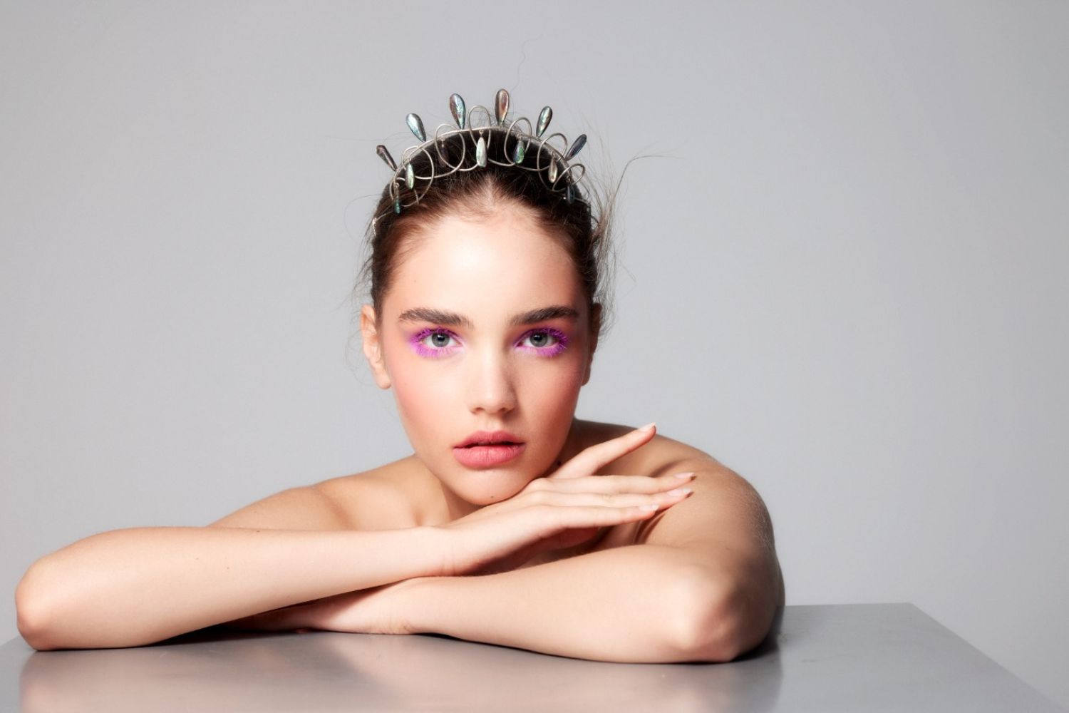 Yali wears Jennifer Laracy silver and pāua shell tiara, courtesy of Season Gallery. Photo / Guy Coombes