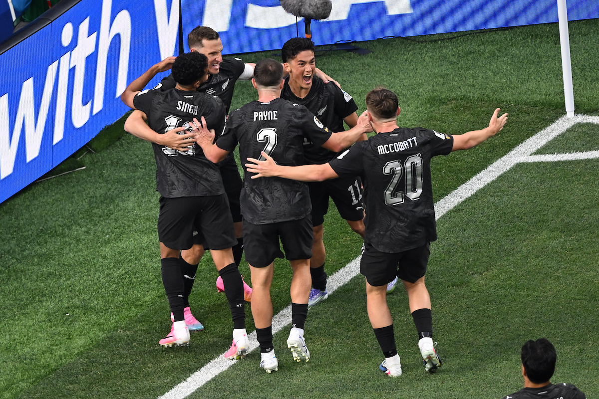 Elijah Just celebrates with his teammates after scoring the opener against Iran at Los Angeles Stadium. Photo / Photosport