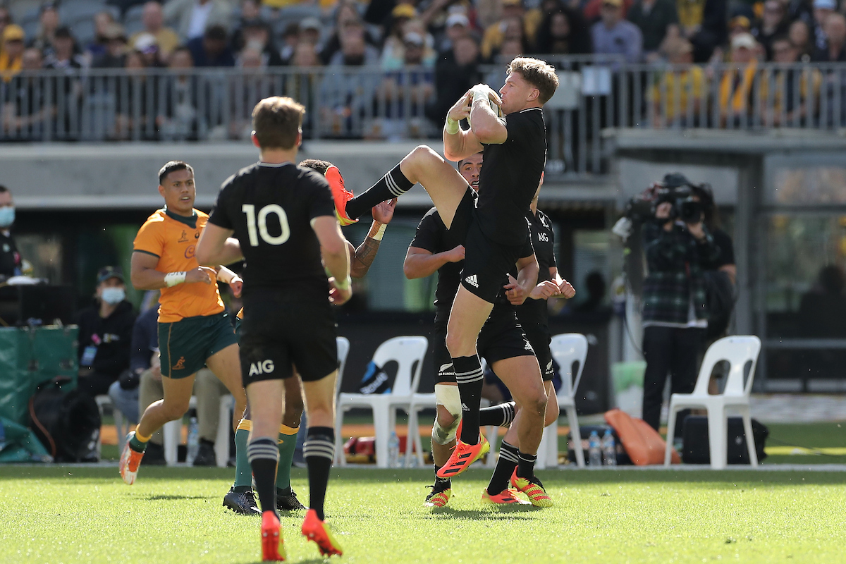 Jordie Barrett of the All Blacks kicks Marika Koroibete which resulted in a red card. Photosport