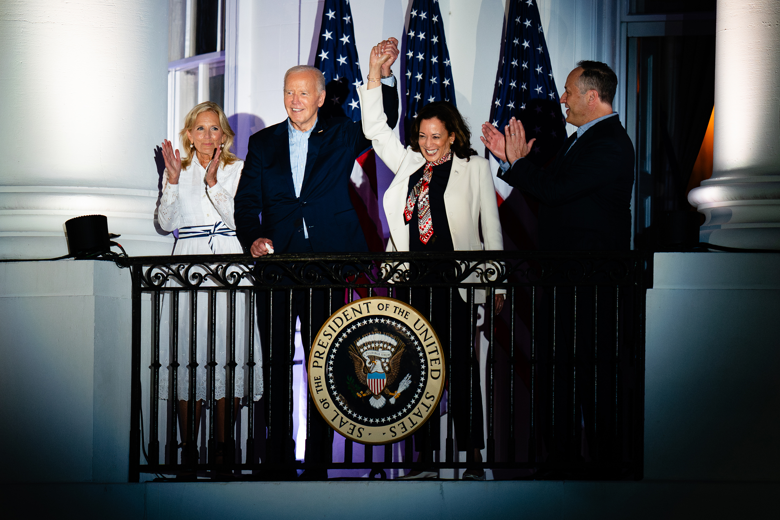 Harris and President Biden celebrated the Fourth of July at the White House. Many allies believe she is the only logical choice to lead the Democratic ticket if the president were to step aside. Photo / Erin Schaff, The New York Times