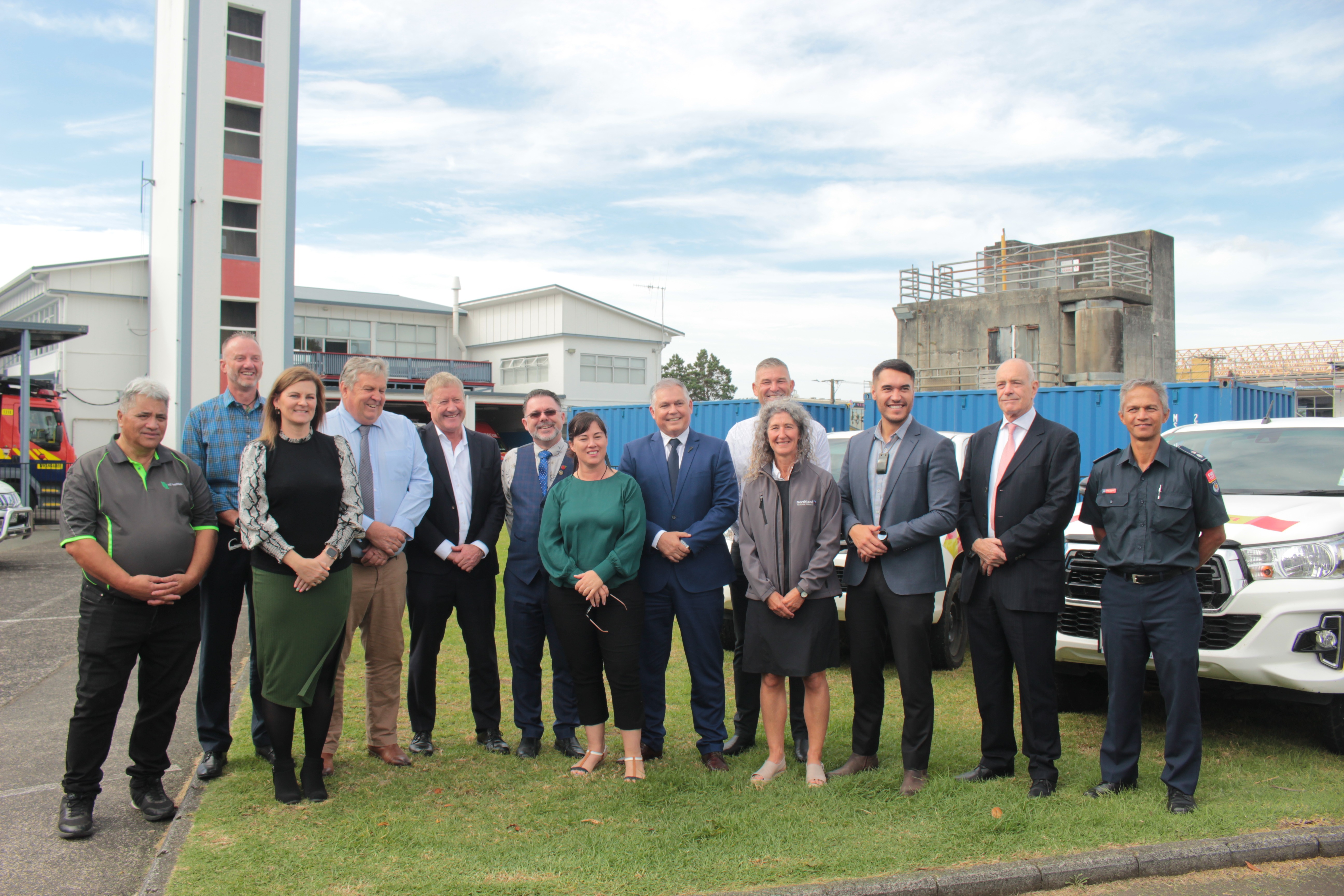 Mayors Craig Jepson, Vince Cocurullo and Moko Tepania, plus Northland Regional Council chairman Geoff Crawford and Fenz Northland district manager Wipari Henwood with Emergency Management and Recovery Minister Mark Mitchell at the site of Northland's new emergency response centre. Photo / Denise Piper