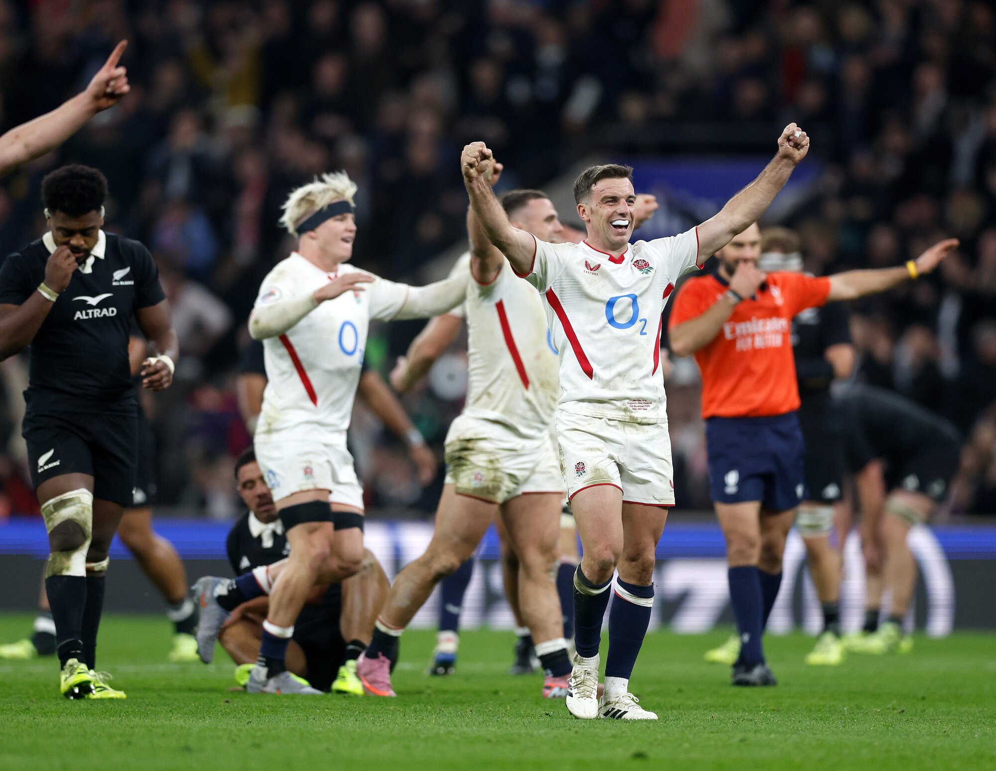 English flyhalf George Ford celebrates victory over the All Blacks at Twickenham. Photo / Photosport