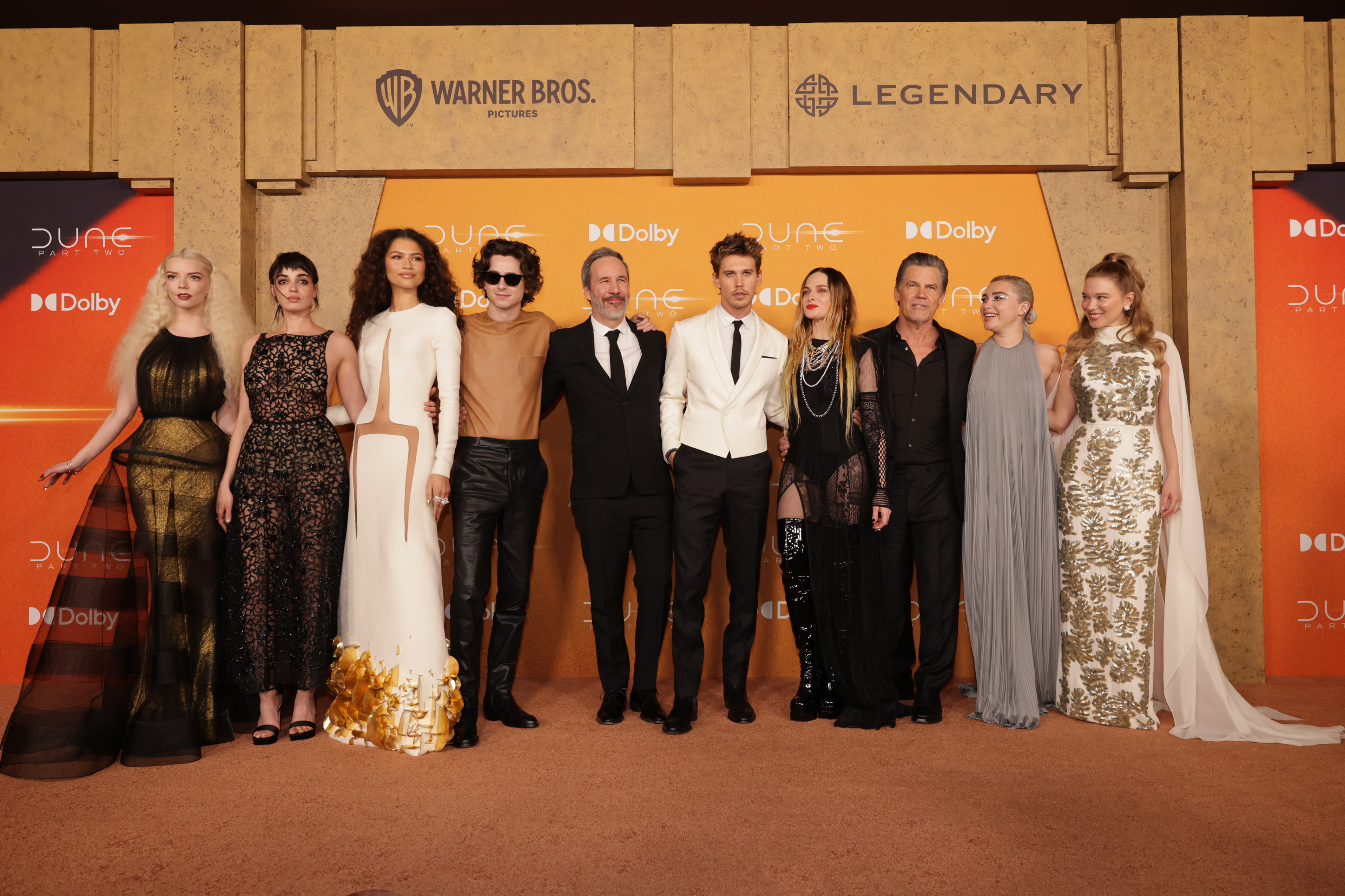 Anya Taylor-Joy (left), Souheila Yacoub, Zendaya, Timothée Chalamet, Denis Villeneuve, Austin Butler, Rebecca Ferguson, Josh Brolin, Florence Pugh and Léa Seydoux seen at the New York premiere of Dune: Part Two. Photo / Getty Images