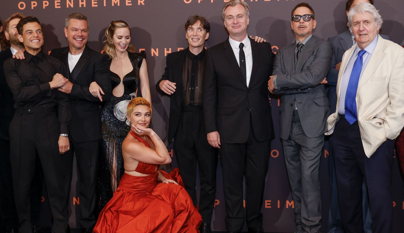 From left: Rami Malek, Matt Damon, Emily Blunt, Florence Pugh, Cillian Murphy, director Christopher Nolan, Robert Downey Jr. and Tom Conti at the premiere of Oppenheimer. Photo / AP