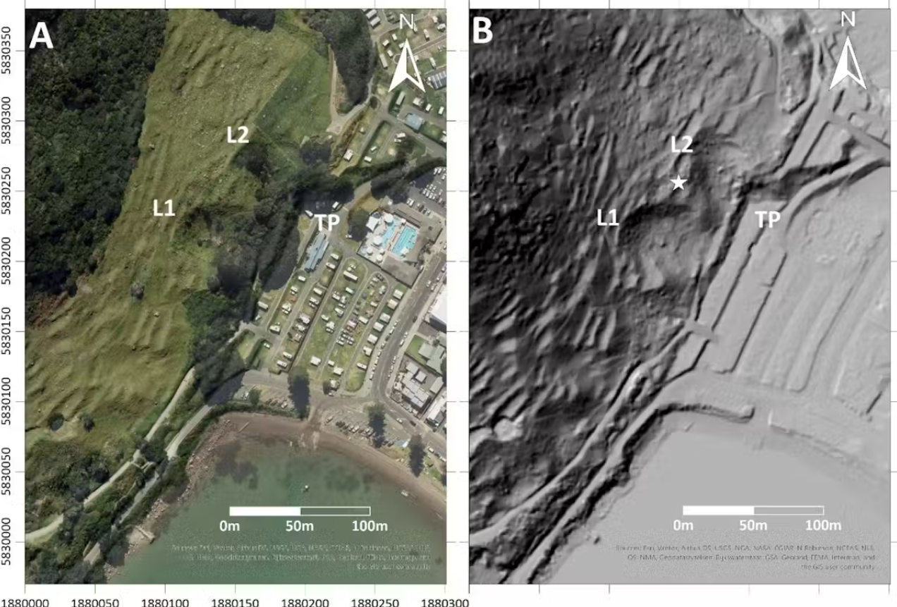 This image provides two views of the slopes above the campground at Mauao (Mount Maunganui). On the left (A) is a 2023 aerial photo showing the steep hillside and the location of earlier ground testing. On the right (B) is a detailed elevation map revealing two ancient landslides (L1 and L2) hidden in the landscape. The star marks the approximate starting point of the January 22 landslide. Photo / Supplied / CC BY-NC-ND