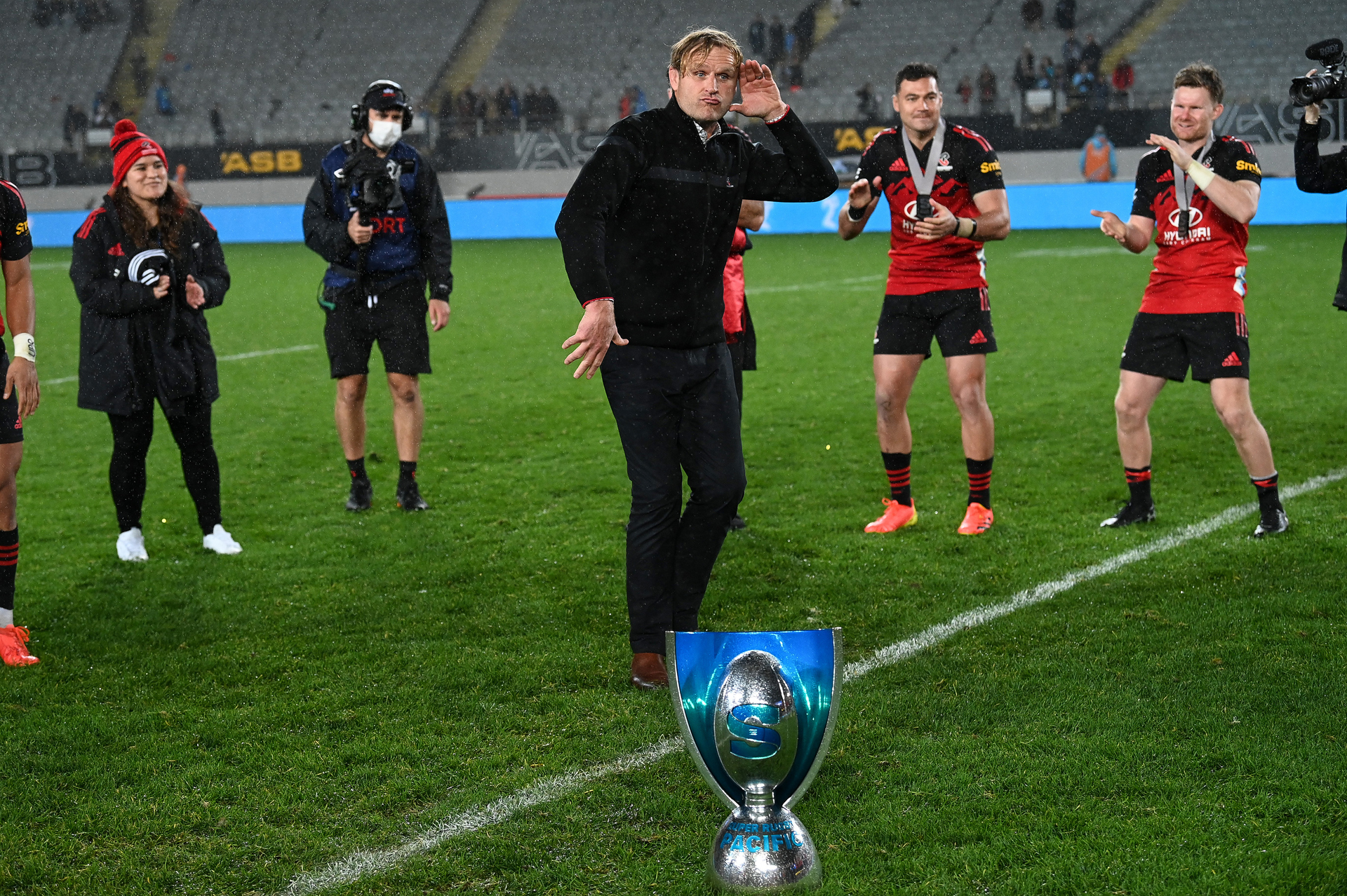 Crusaders coach Scott Robertson celebrates winning the Super Rugby Pacific final. Photo / Photosport