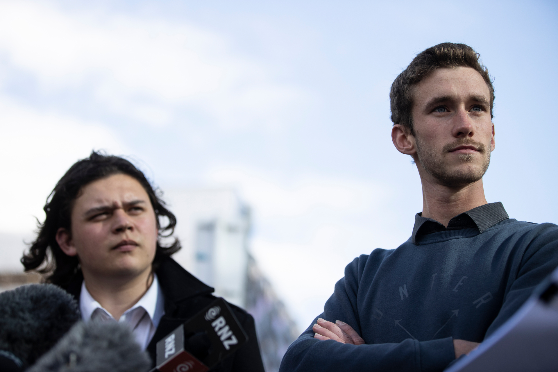 Ex Gloriavale members Hosea Courage and Daniel Pilgrim outside the Christchurch District Court. Photo / George Heard 