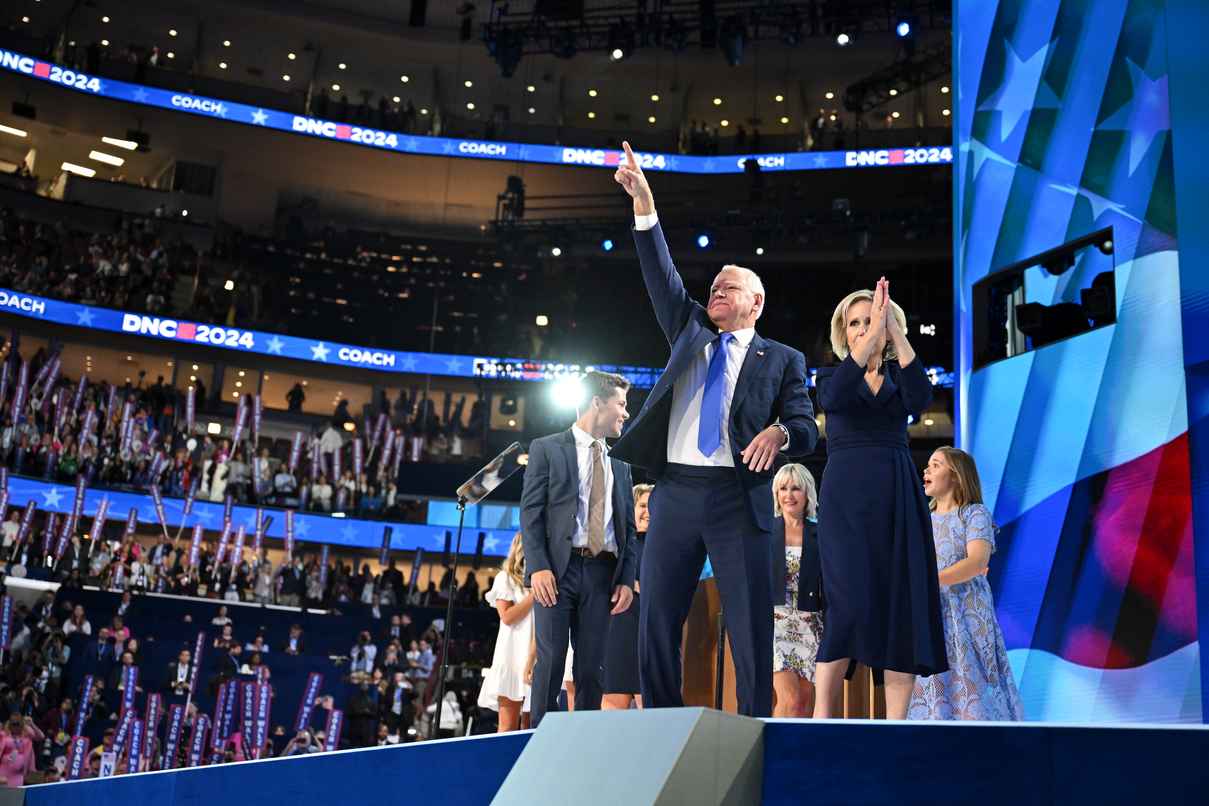 Minnesota Governor Tim Walz, his wife, Gwen Walz, and friends and family members on stage on the third day of the Democratic National Convention in Chicago. Photo / The Washington Post