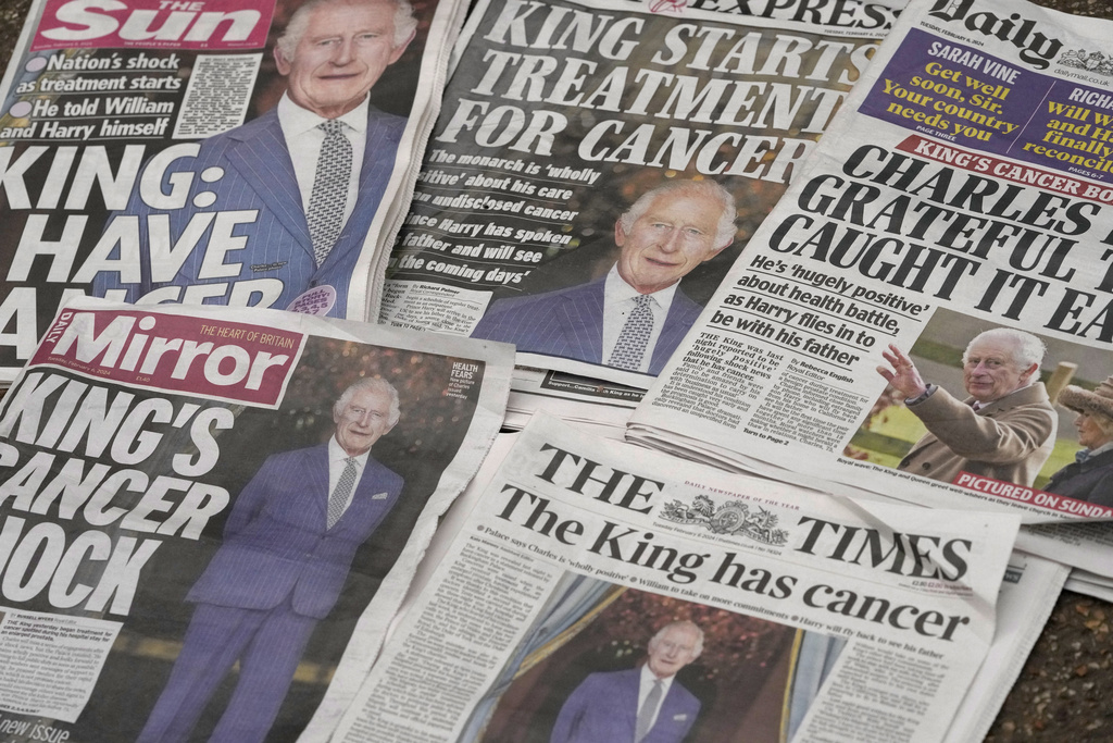 A selection of front pages of the British national newspapers for February 6, after it was announced that King Charles has cancer. Photo / AP