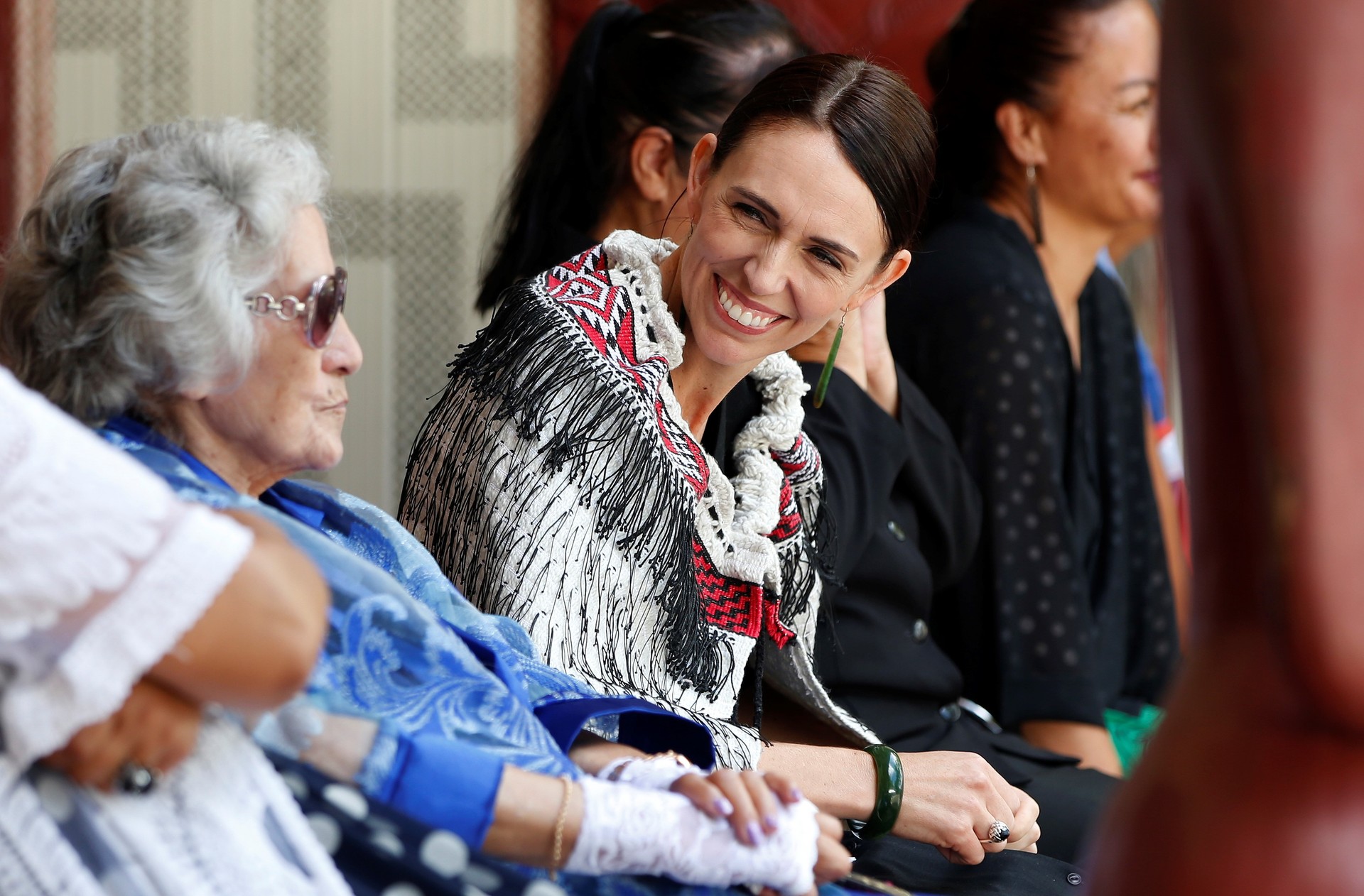 Prime Minister Jacinda Ardern shares a moment during the speeches with Titewhai Harawira, Waitangi Treaty Grounds, 2020. Photo Michael Cunningham
