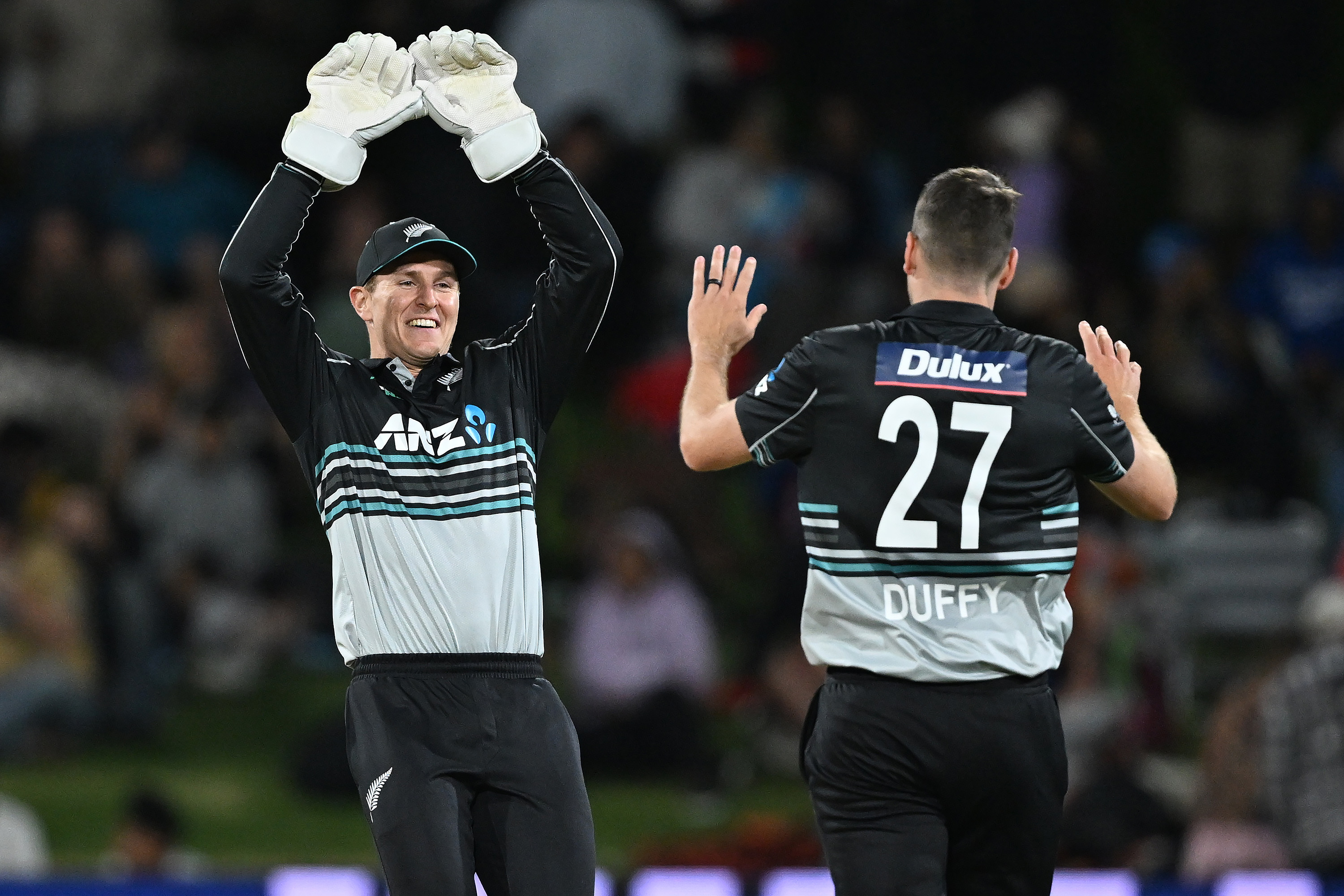 Mitch Hay and Jacob Duffy celebrate the wicket of Sri Lanka's Kusal Perera. Photo / Photosport