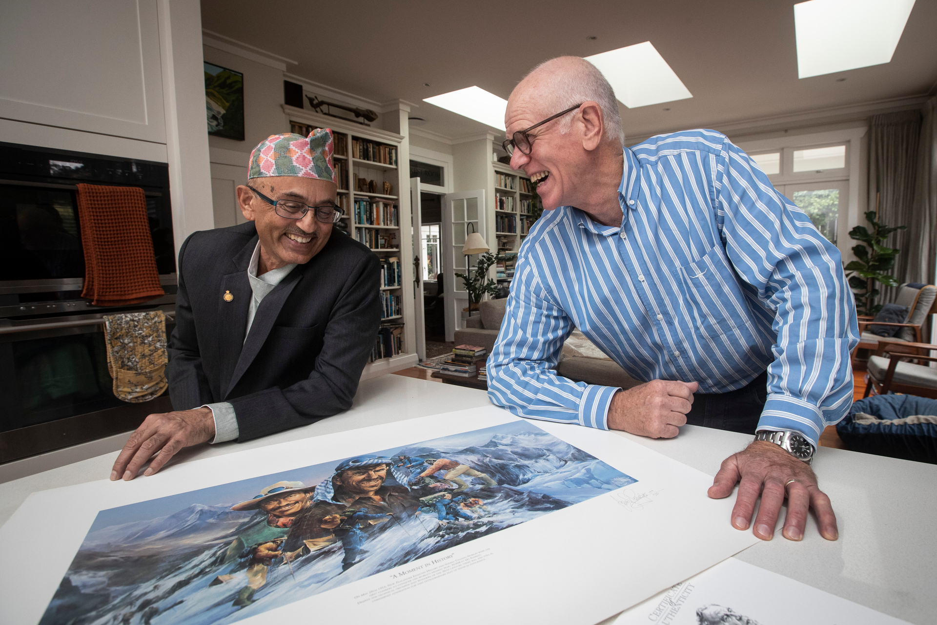 Uddhav Adhikary, president of the Non-Resident Nepali Association, discussing Everest Day preparations with Peter Hillary, son of Sir Edmund Hillary. Photo / Jason Oxenham