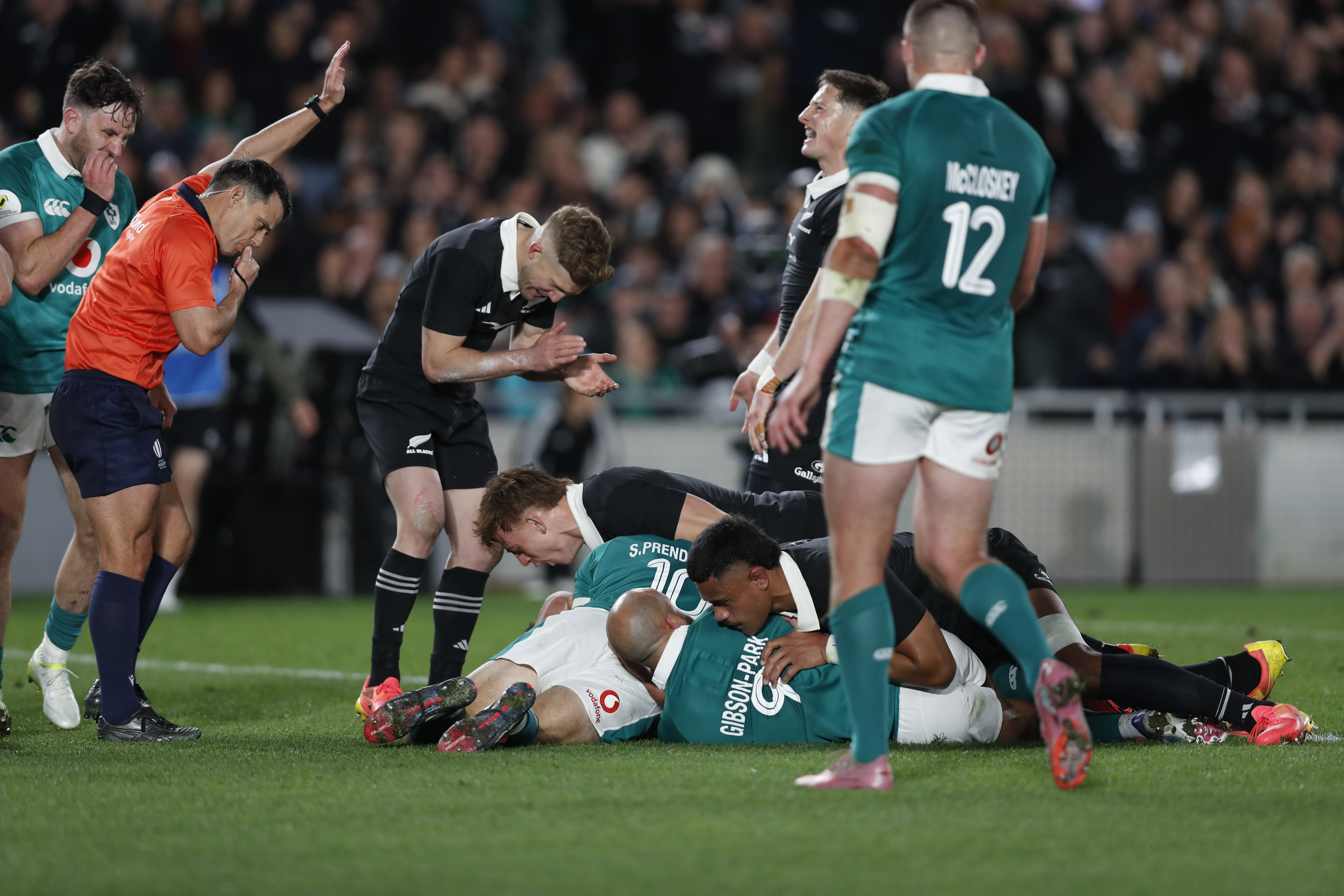 Damian McKenzie celebrates a turnover against Ireland. Photo / Alyse Wright