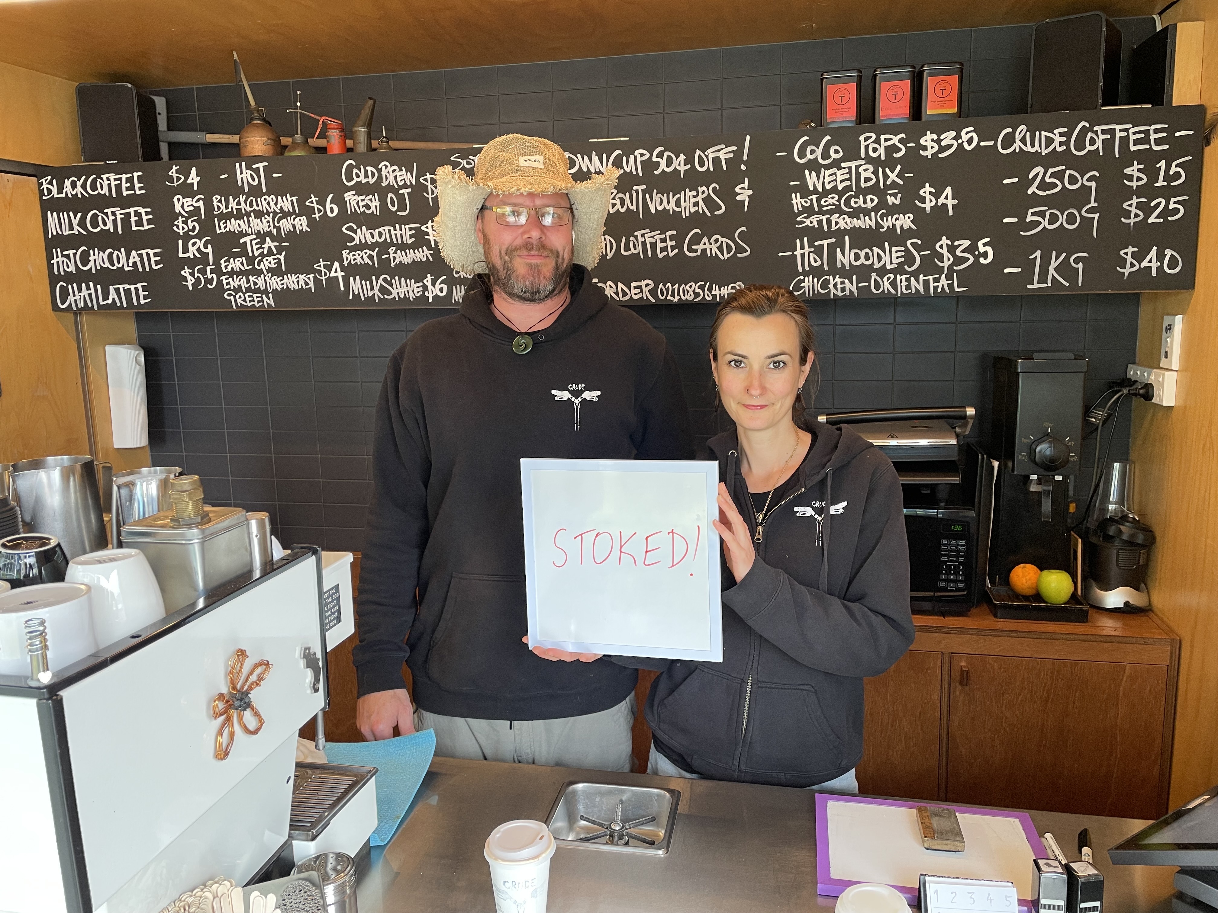 Leon Stothart and Cecile Bary in their Wellington coffee cart on Monday.