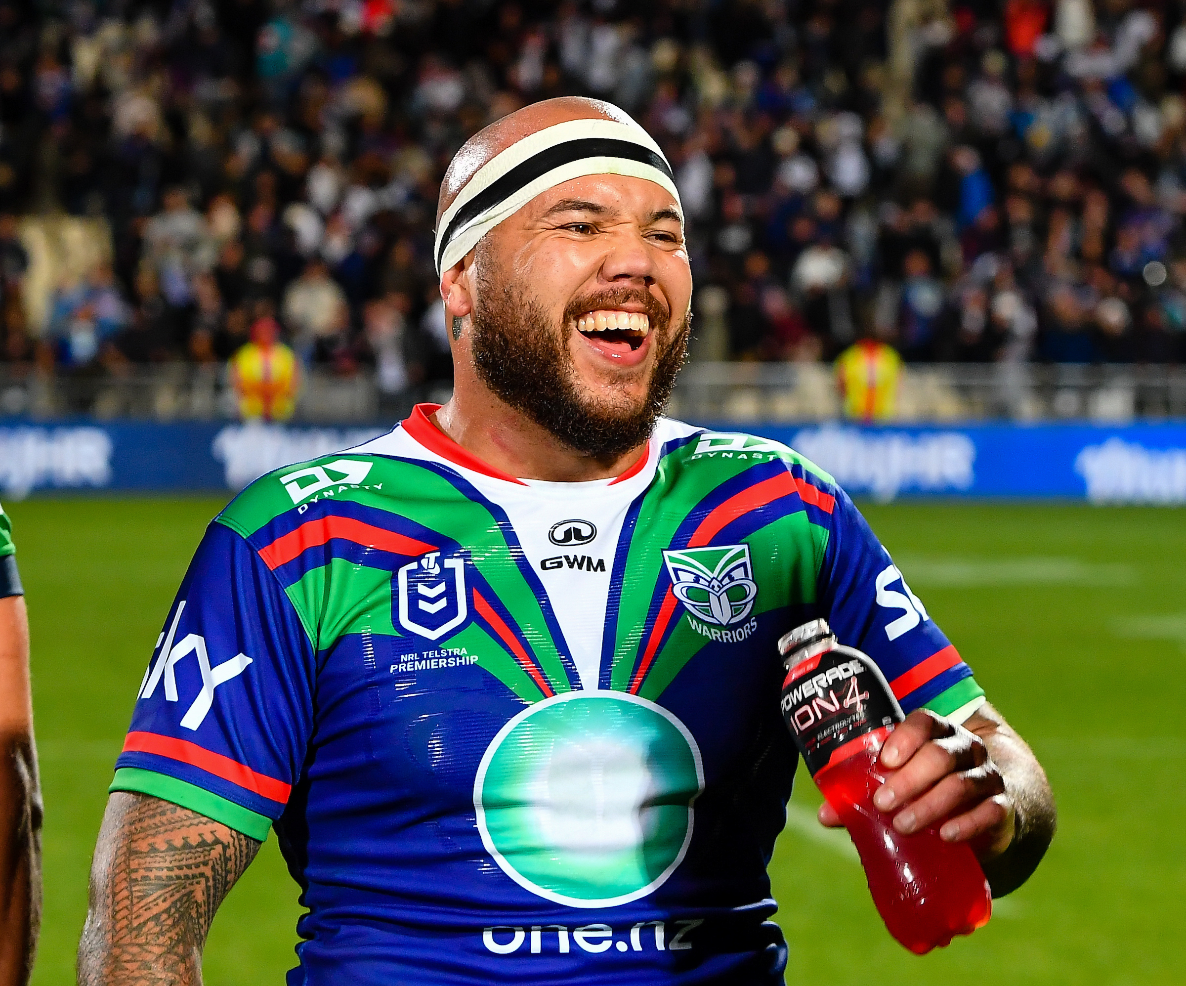 Jazz Tevaga celebrates helping his beloved Warriors to a win over the Canberra Raiders in Christchurch in March. Photo / Photosport
