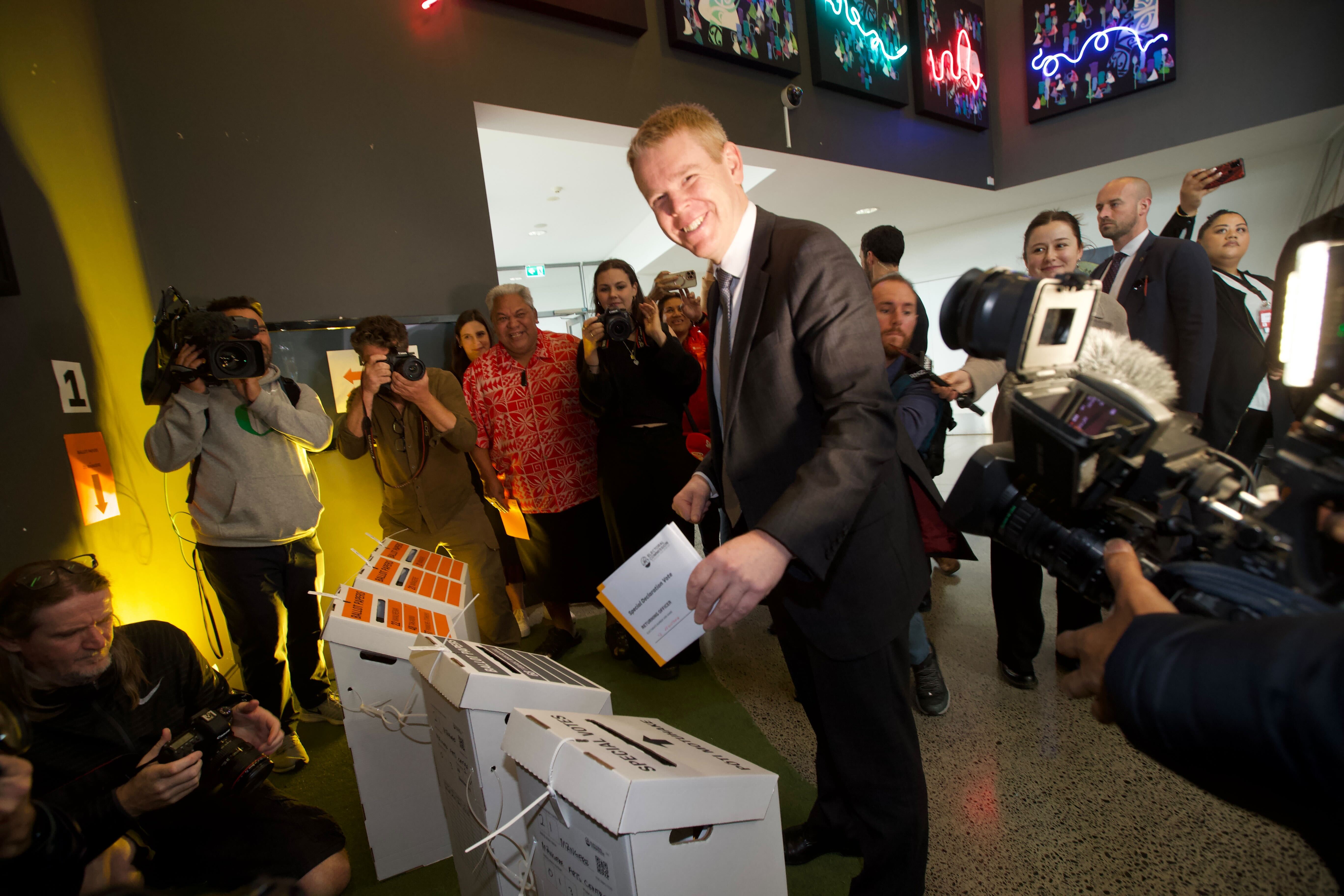 Labour leader Chris Hipkins casting his vote at the Māngere Arts Centre. Photo / Jason Oxenham