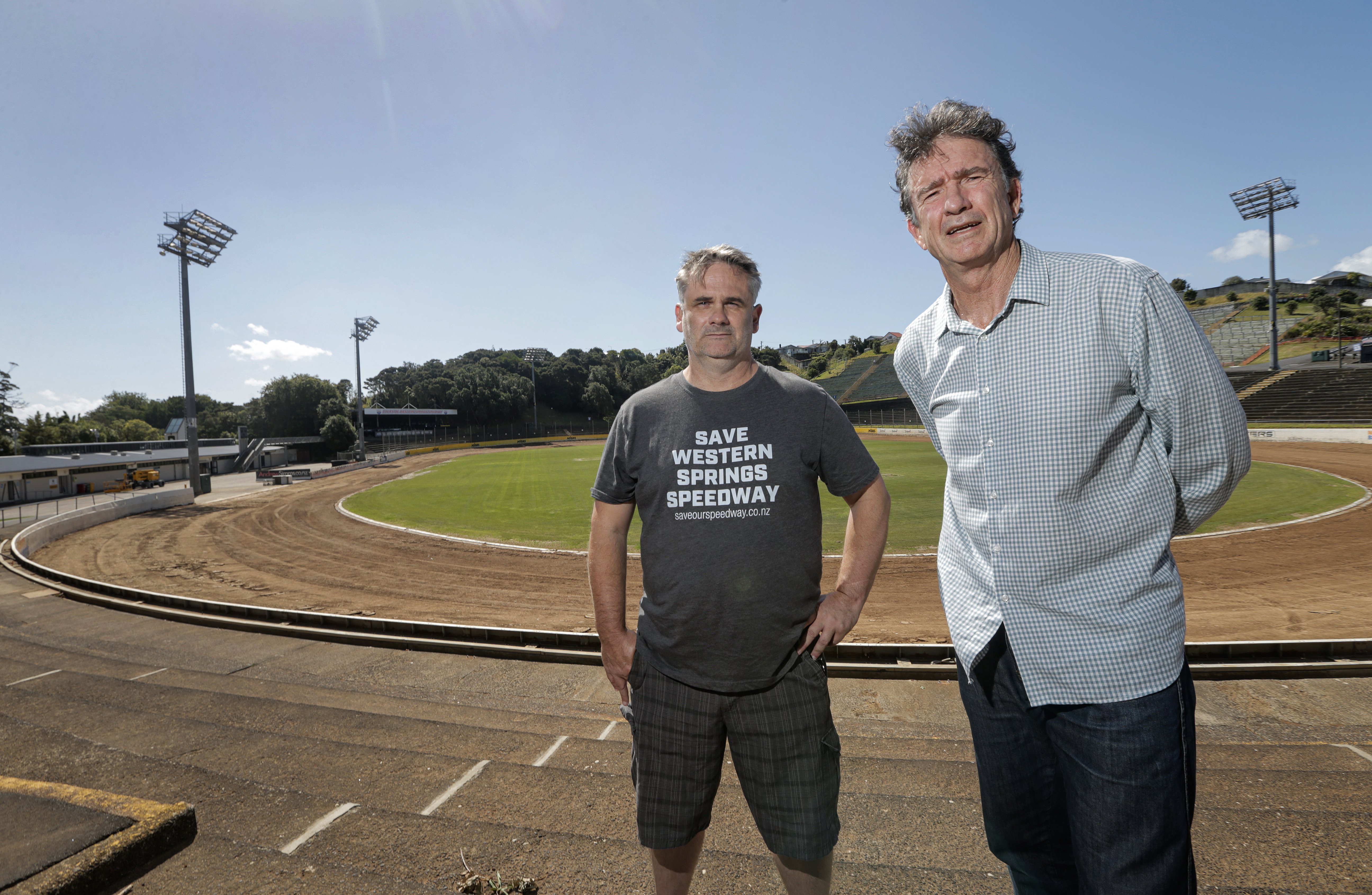 Jason Jones (left) and Auckland City councillor John Watson are critical of the process to move speedway from Western Springs. Photo / Alex Burton