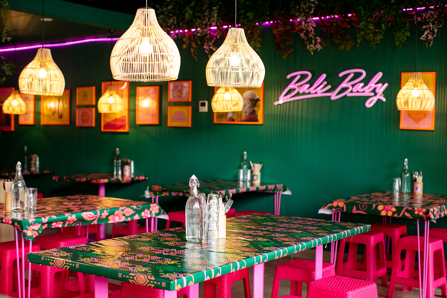 Fluorescent lights, stools and accoutrements bring a brightness to Bali Nights. Photo / Babiche Martens