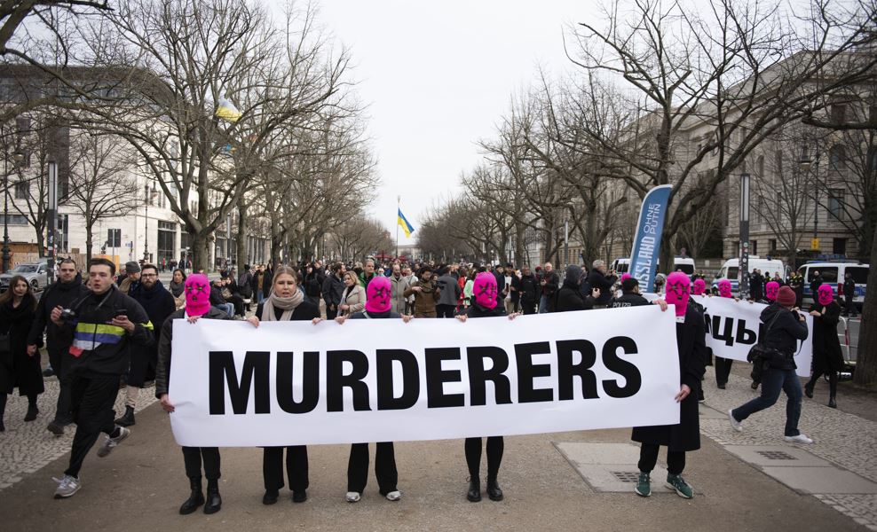 Protest group Pussy Riot outside the Russian Embassy in Berlin after the death of Alexei Navalny. Photo / AP