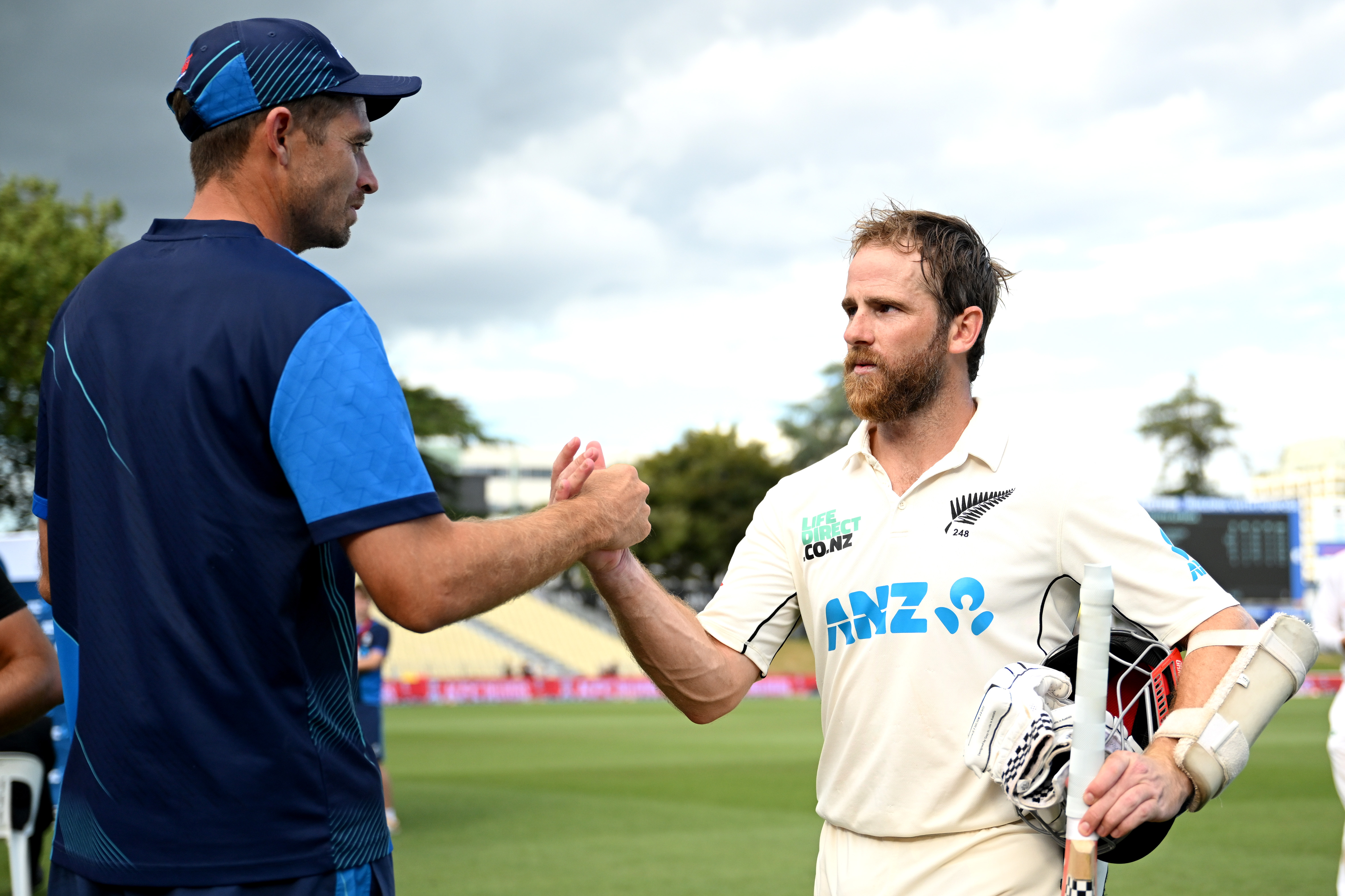 Tim Southee congratulates Kane Williamson at the close of play. Photo / Getty Images
