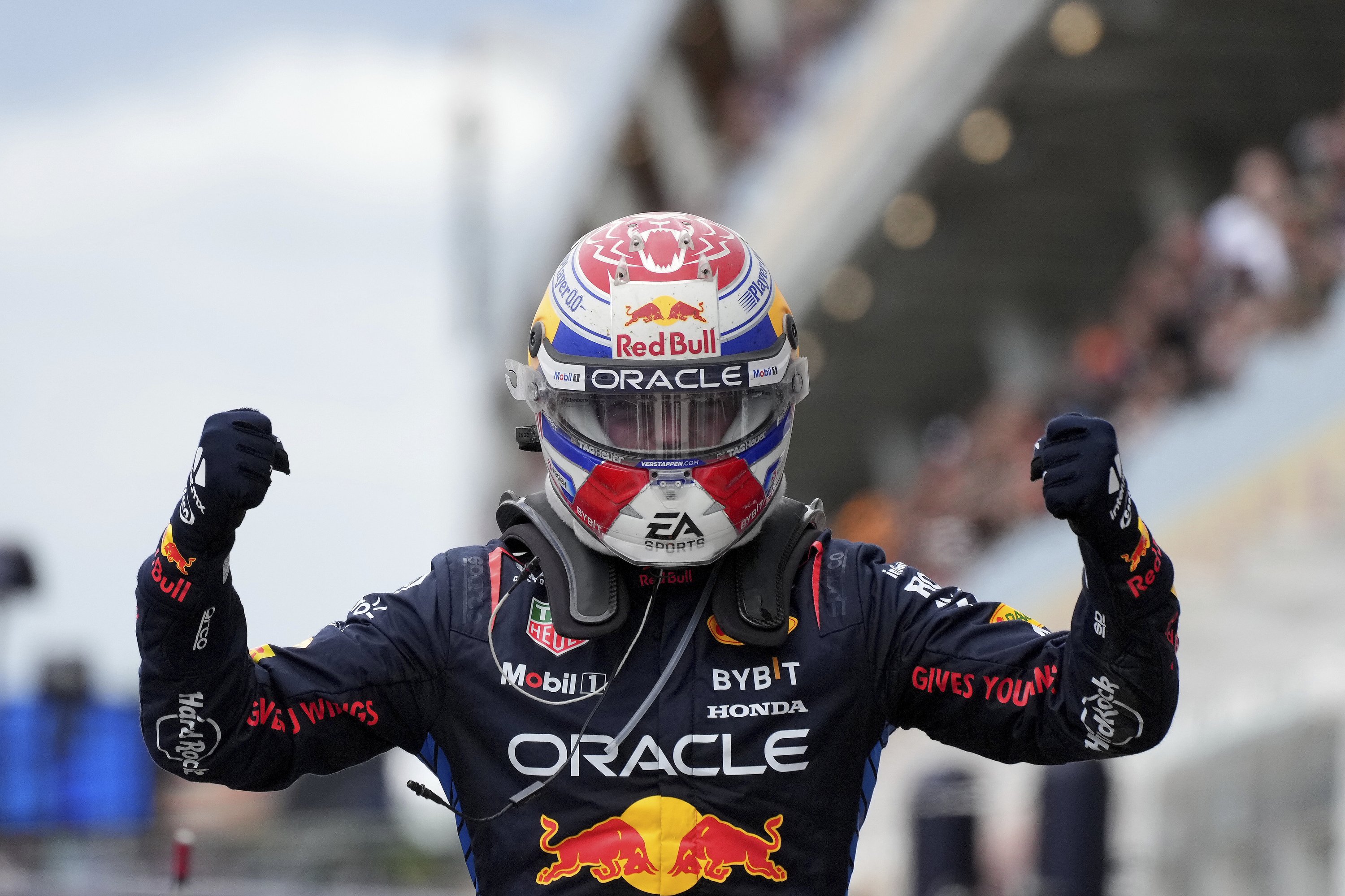 Red Bull driver Max Verstappen celebrates following his win during the Canadian Grand Prix. Photo / AP